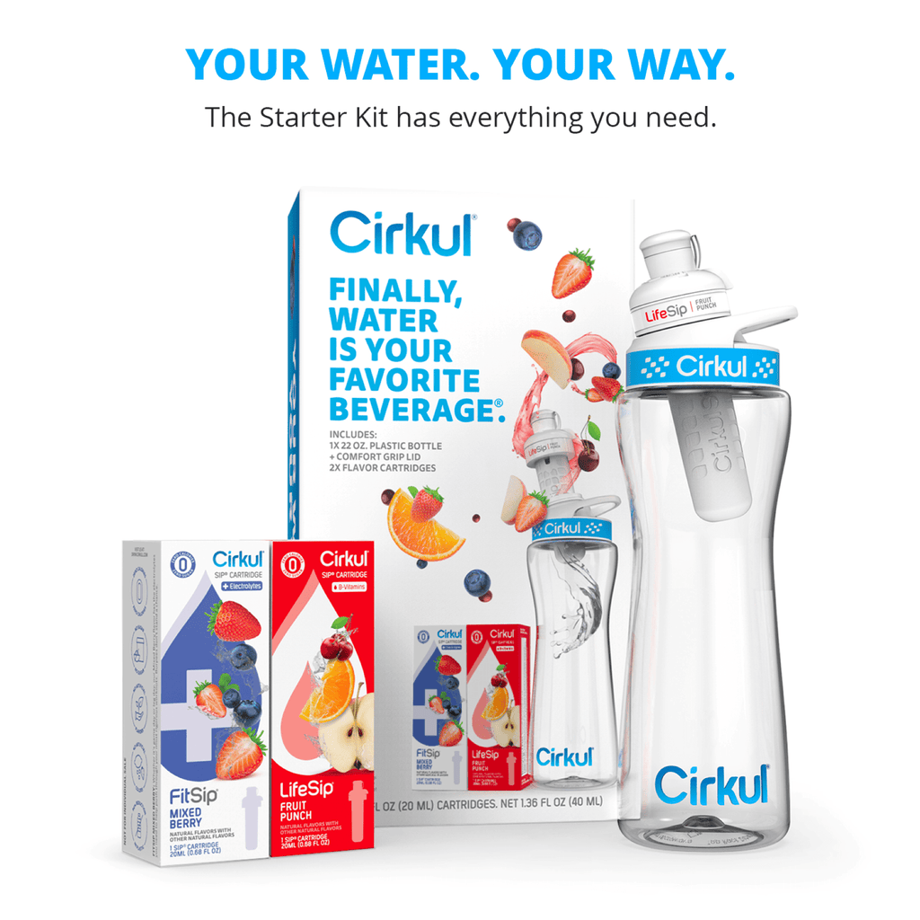 22 oz Plastic Water Bottle Starter Kit with Blue Lid and 2 Flavor Cartridges (Fruit Punch &amp; Mixed Berry)