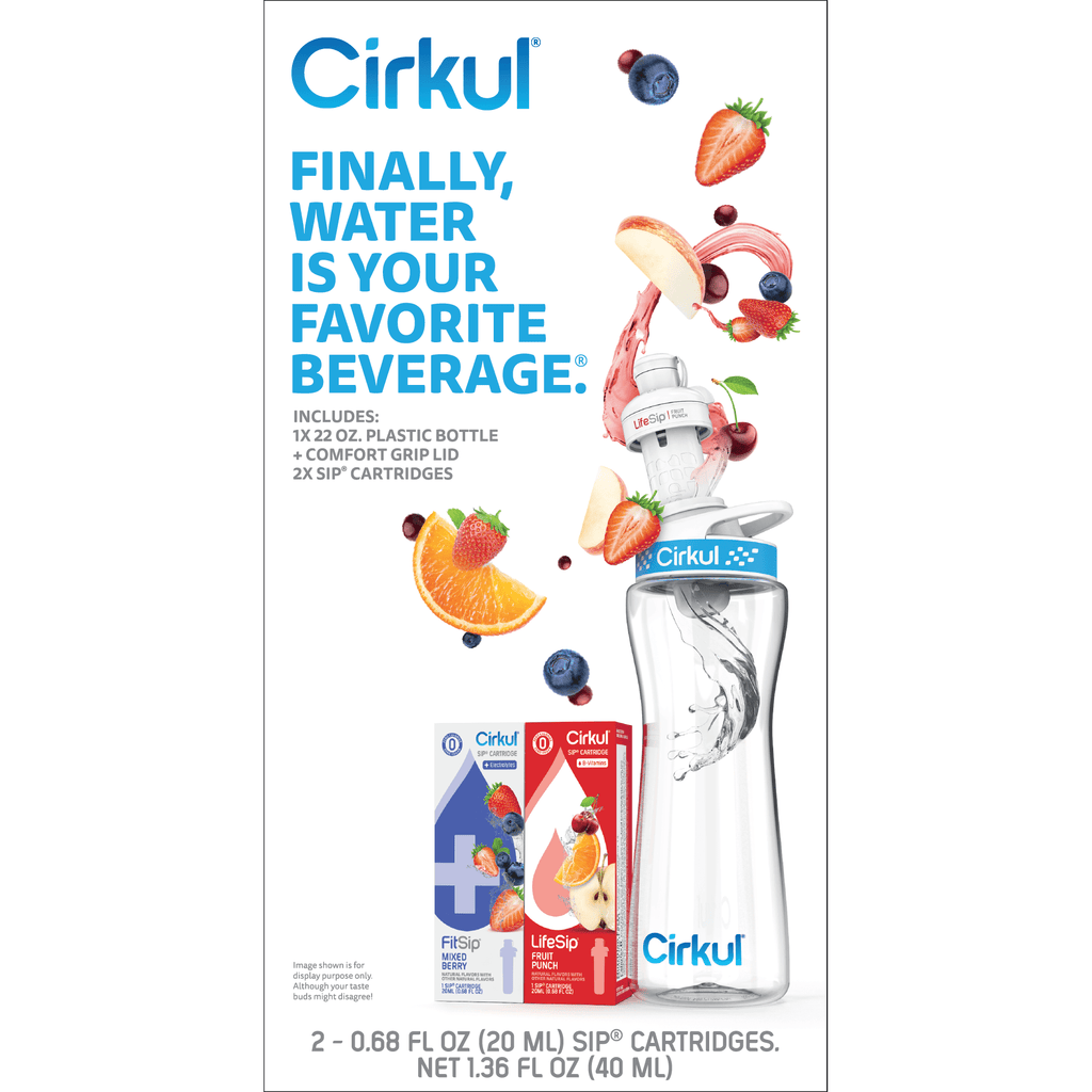 22 oz Plastic Water Bottle Starter Kit with Blue Lid and 2 Flavor Cartridges (Fruit Punch &amp; Mixed Berry)