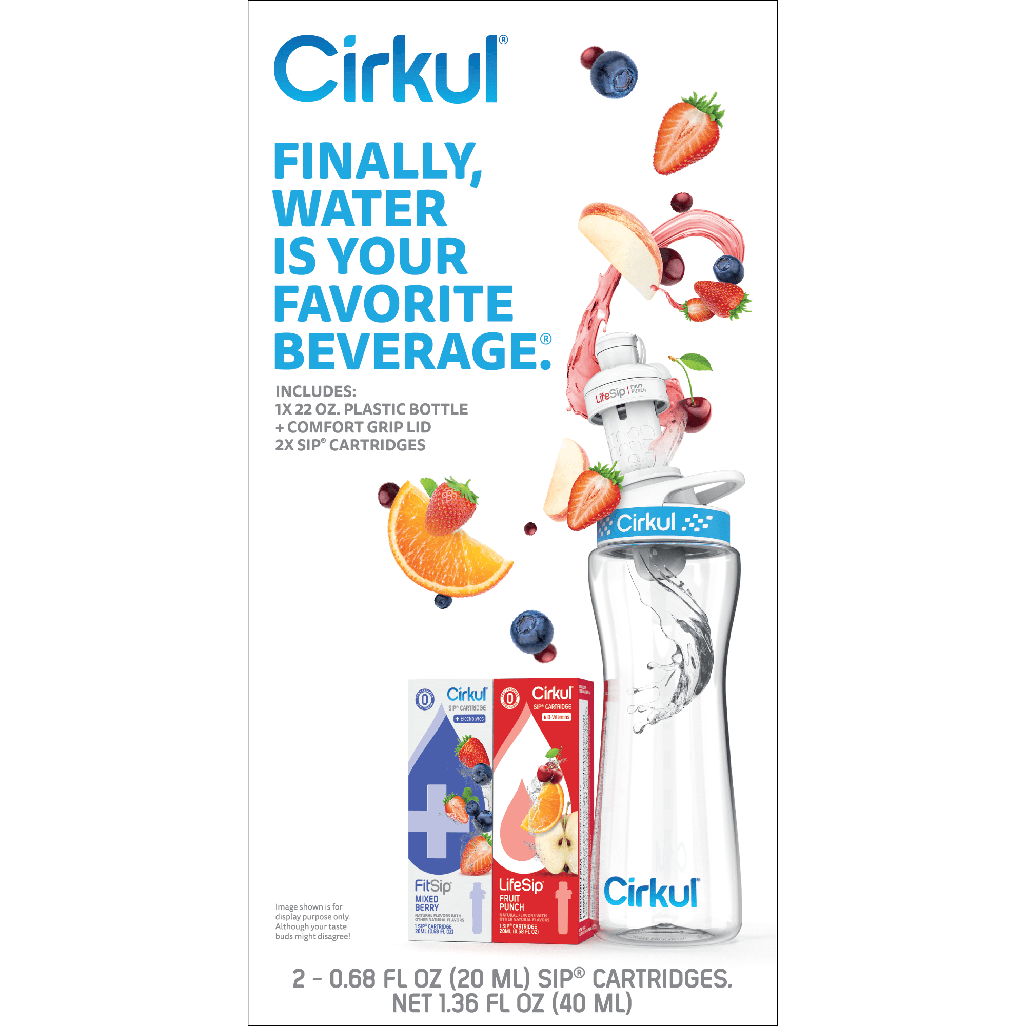 22 oz Plastic Water Bottle Starter Kit with Blue Lid and 2 Flavor Cartridges (Fruit Punch &amp; Mixed Berry)