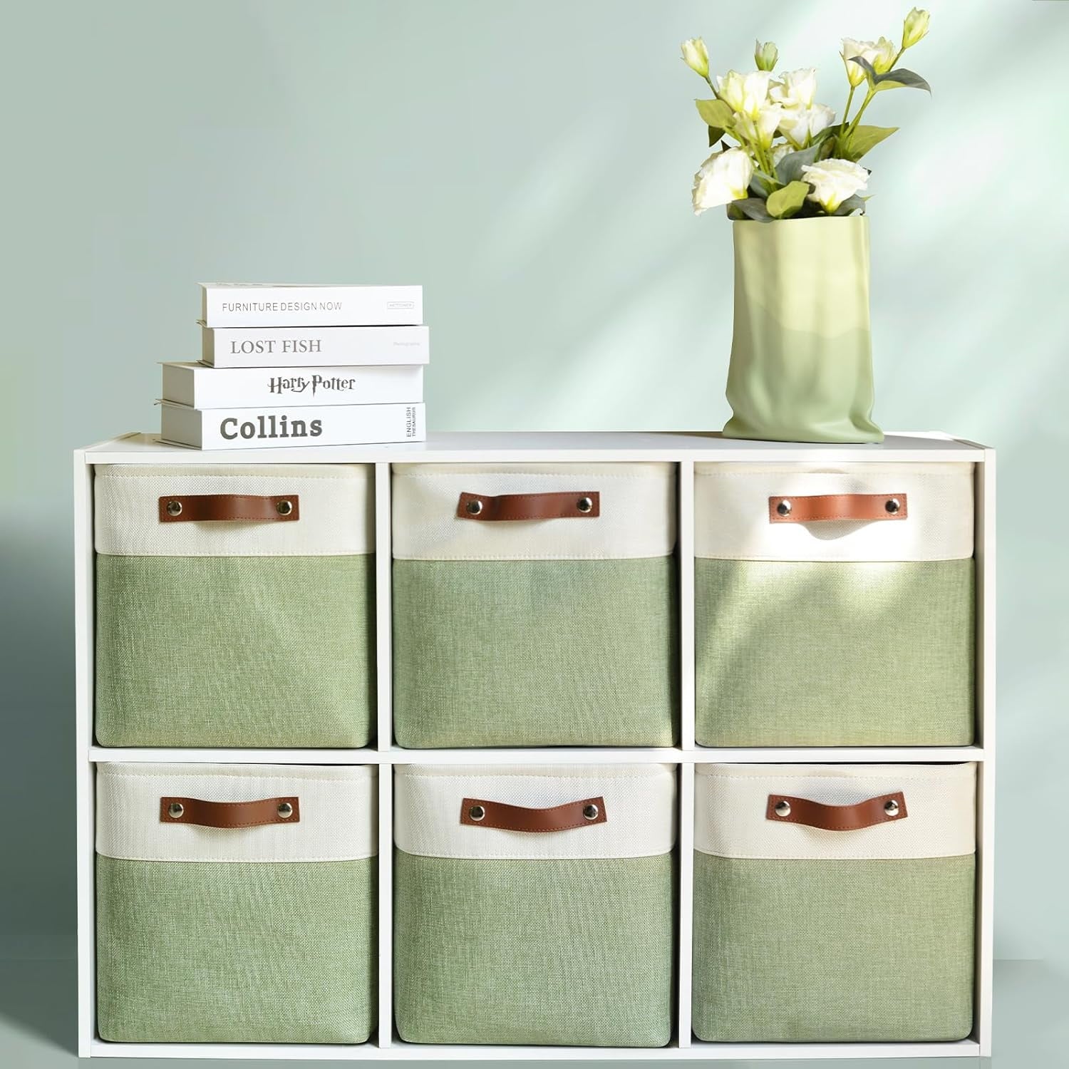 Collapsible Fabric Cube Storage Bins 11x11×11, Pack of 6 Closet Basket Boxes with PU Handles for Organizing Shelves, Toys, Clothes, Home, Office (White&amp;Green)