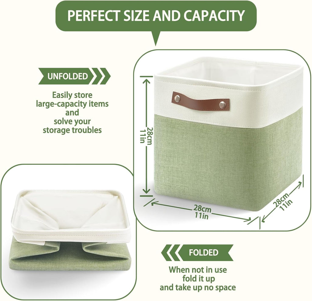 Collapsible Fabric Cube Storage Bins 11x11×11, Pack of 6 Closet Basket Boxes with PU Handles for Organizing Shelves, Toys, Clothes, Home, Office (White&amp;Green)