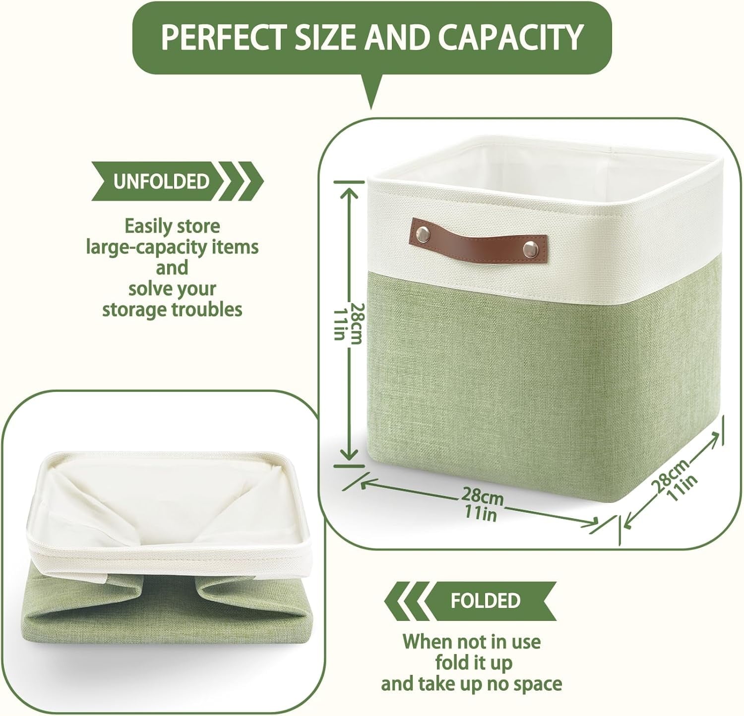 Collapsible Fabric Cube Storage Bins 11x11×11, Pack of 6 Closet Basket Boxes with PU Handles for Organizing Shelves, Toys, Clothes, Home, Office (White&amp;Green)