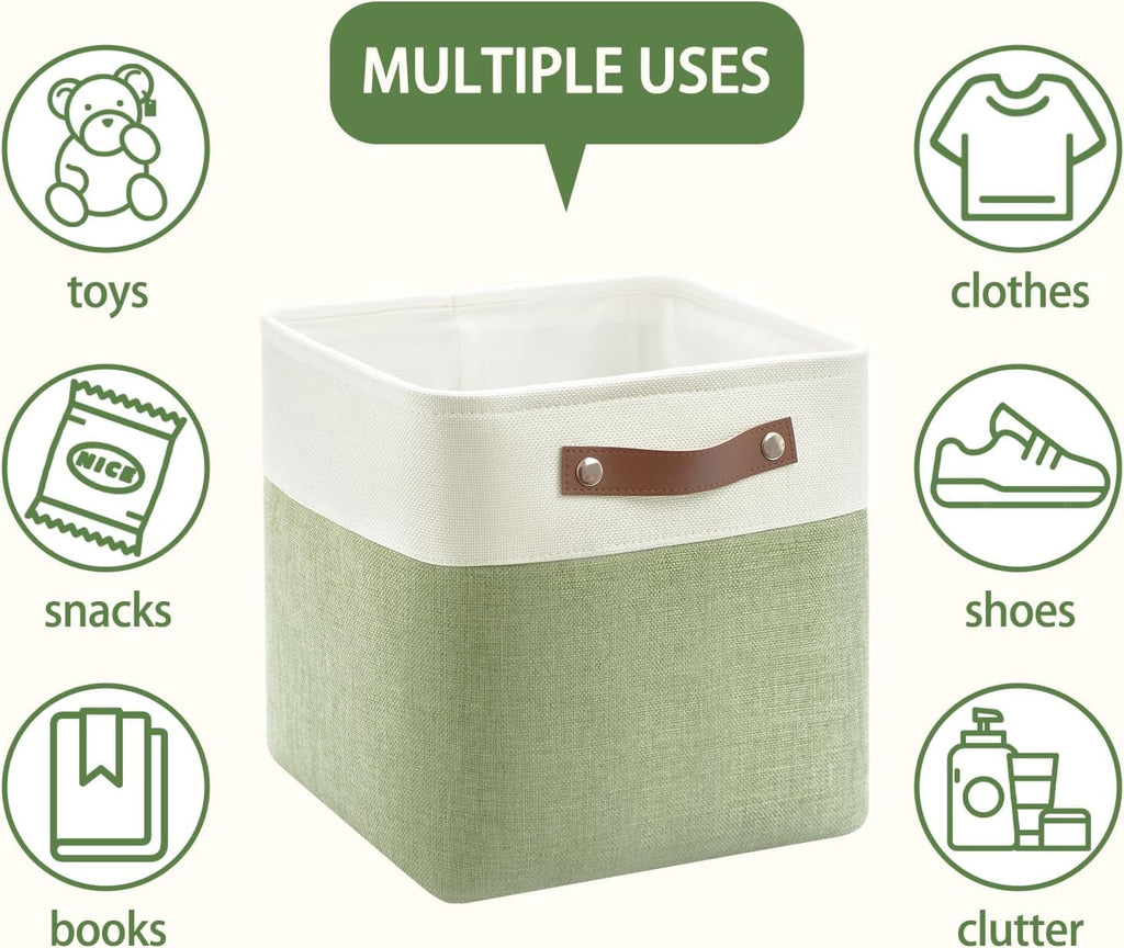 Collapsible Fabric Cube Storage Bins 11x11×11, Pack of 6 Closet Basket Boxes with PU Handles for Organizing Shelves, Toys, Clothes, Home, Office (White&amp;Green)