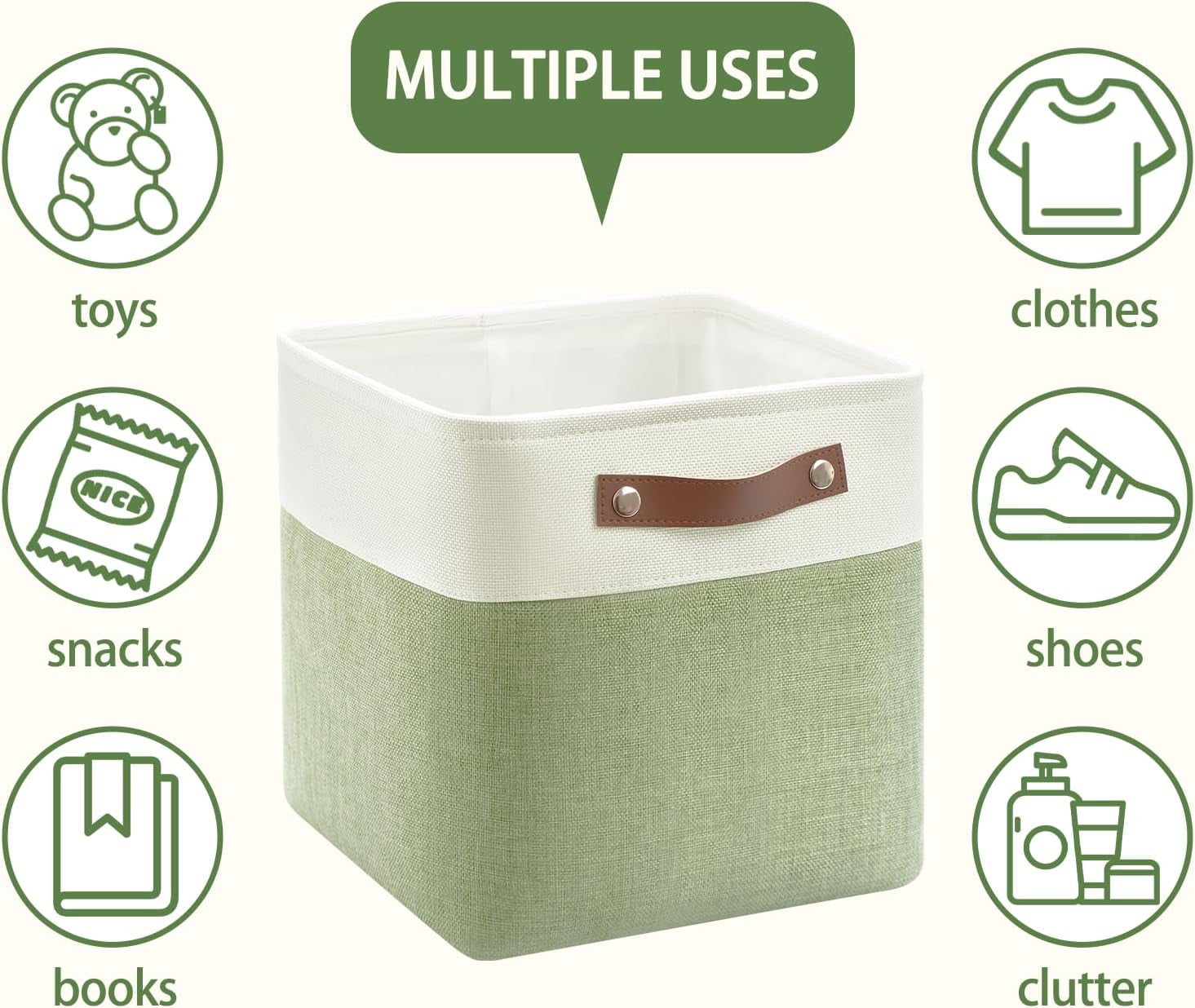 Collapsible Fabric Cube Storage Bins 11x11×11, Pack of 6 Closet Basket Boxes with PU Handles for Organizing Shelves, Toys, Clothes, Home, Office (White&amp;Green)
