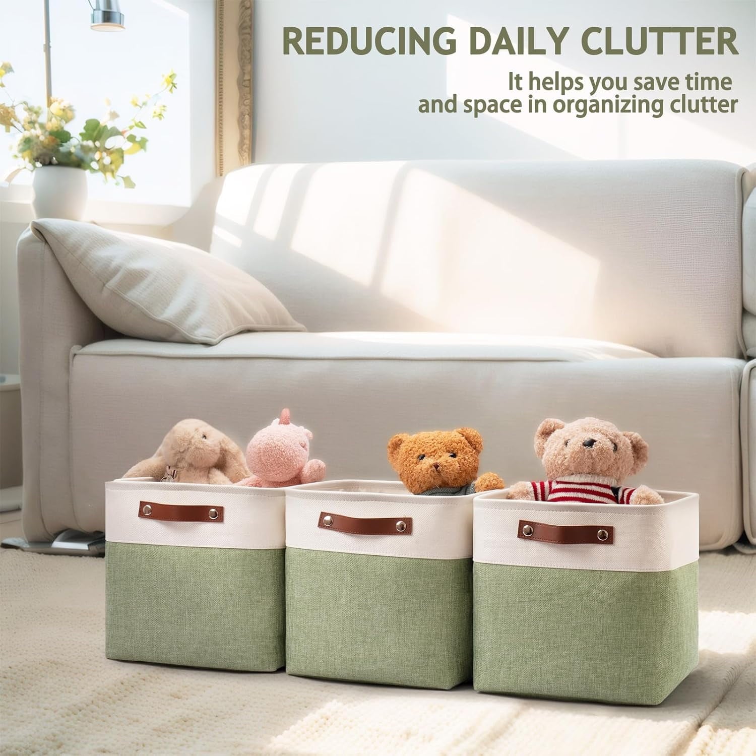 Collapsible Fabric Cube Storage Bins 11x11×11, Pack of 6 Closet Basket Boxes with PU Handles for Organizing Shelves, Toys, Clothes, Home, Office (White&amp;Green)