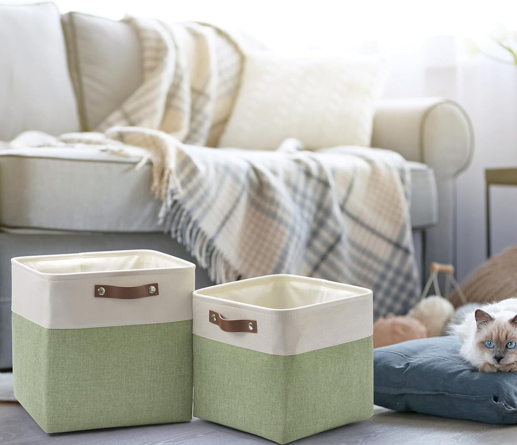 Collapsible Fabric Cube Storage Bins 11x11×11, Pack of 6 Closet Basket Boxes with PU Handles for Organizing Shelves, Toys, Clothes, Home, Office (White&amp;Green)