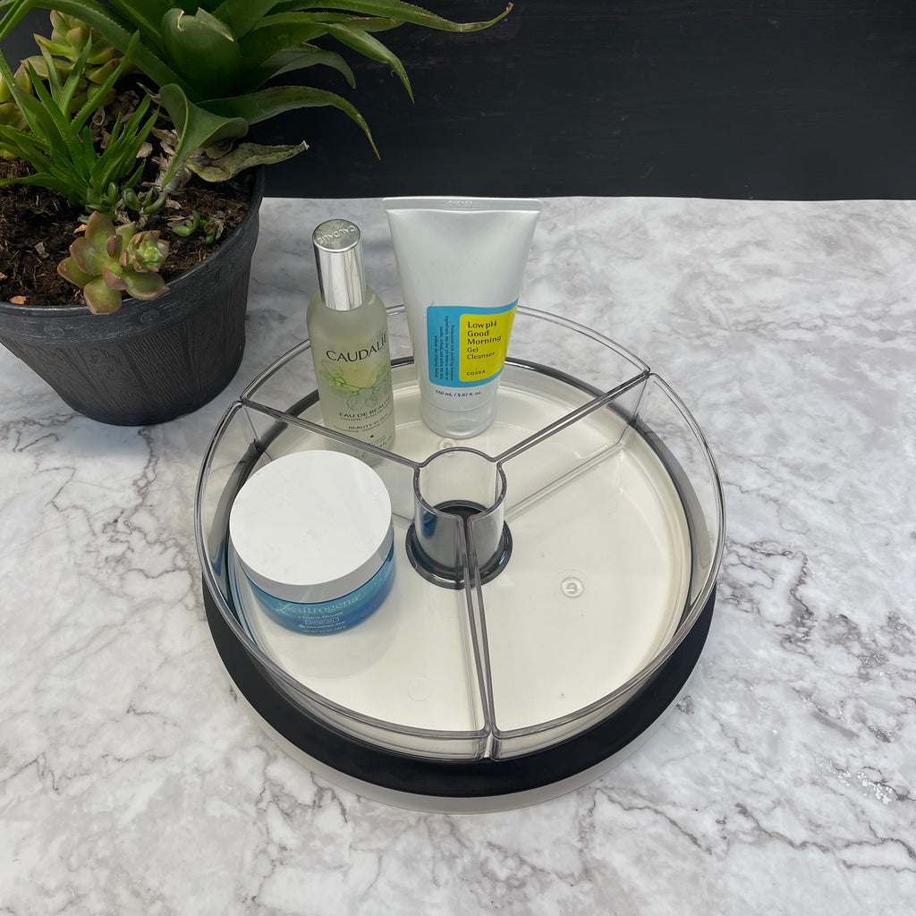 Rotating Lazy Susan Organizer Turntable with 3 Removable Dividers Bins, for Kitchen, Bathroom