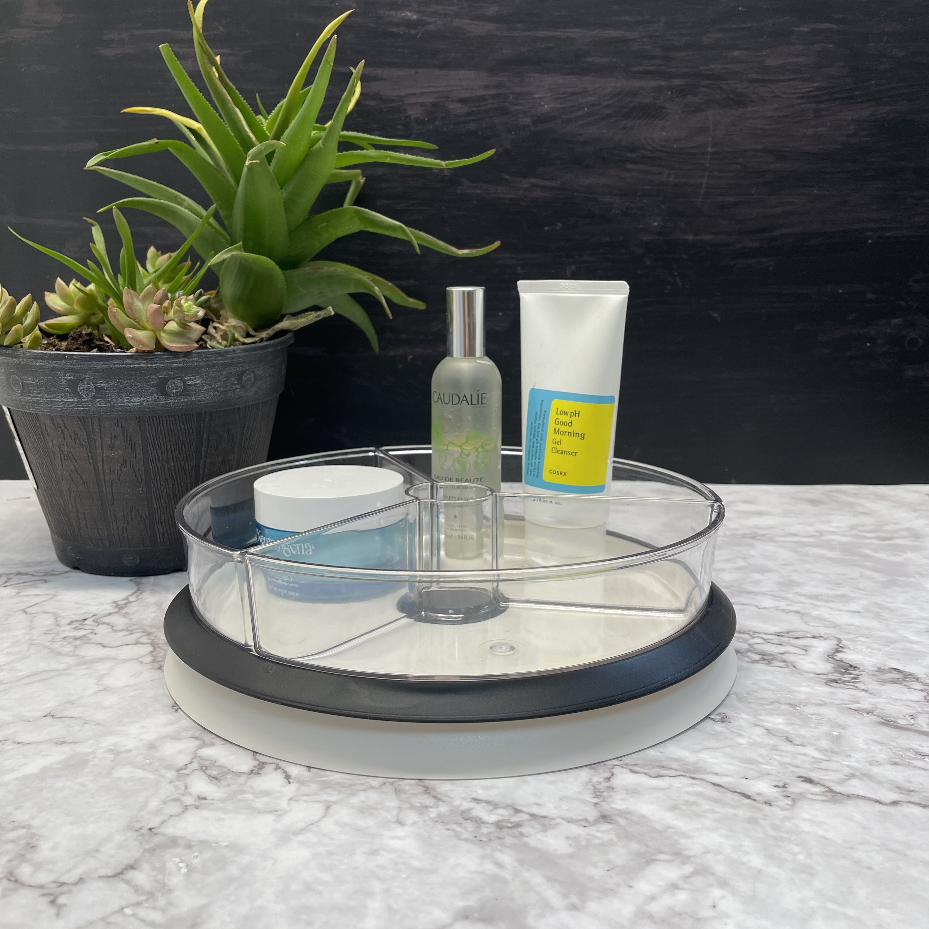 Rotating Lazy Susan Organizer Turntable with 3 Removable Dividers Bins, for Kitchen, Bathroom