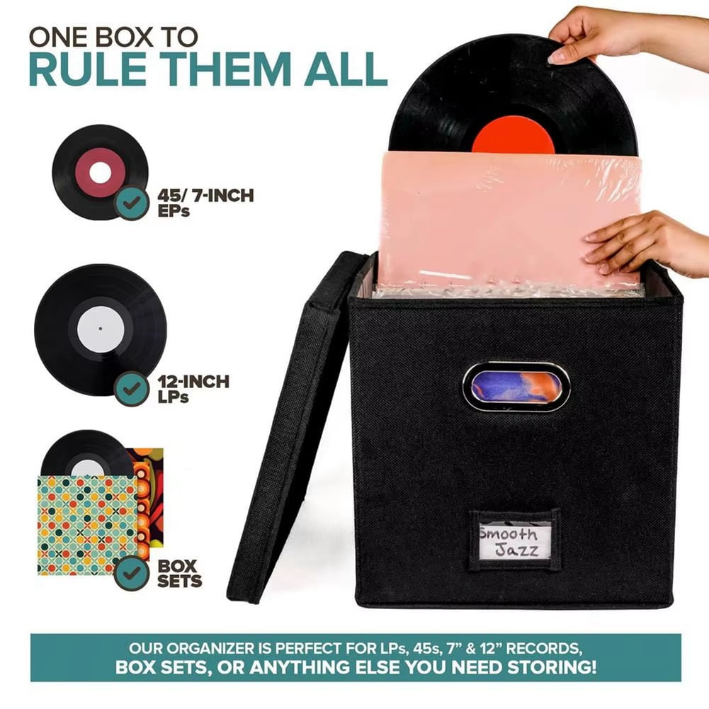 12-Inch Vinyl Record Storage Box with Lids Handles Practical LP Organizer Boxes for More Than 50pcs Records