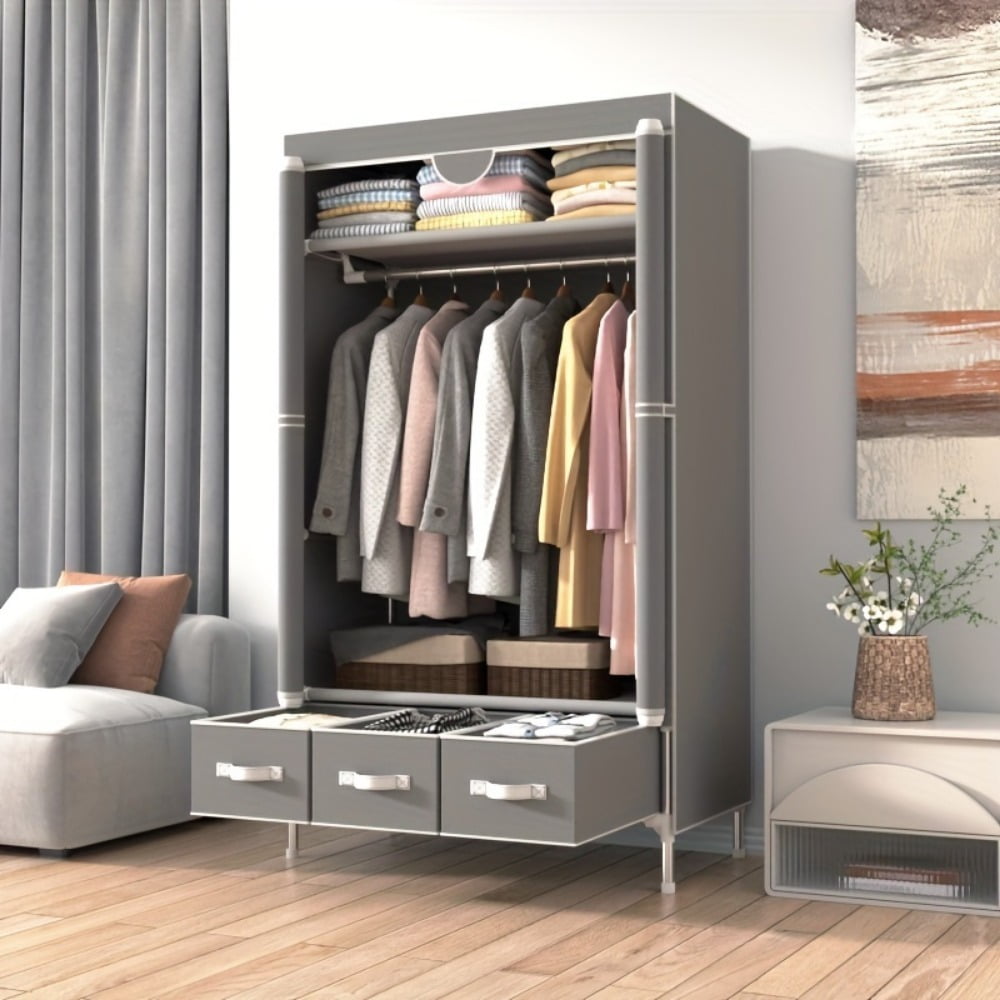 Portable Closet with Rolling Door, 5-in-1 Wardrobe with Hanging Rack and 3 Drawers, No-Tool Assembly Fabric Storage Cabinet, 35.4" W x 17.7" D x 67" H, Gray