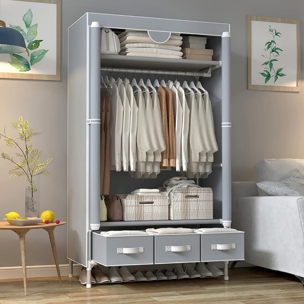 Portable Closet with Rolling Door, 5-in-1 Wardrobe with Hanging Rack and 3 Drawers, No-Tool Assembly Fabric Storage Cabinet, 35.4" W x 17.7" D x 67" H, Gray