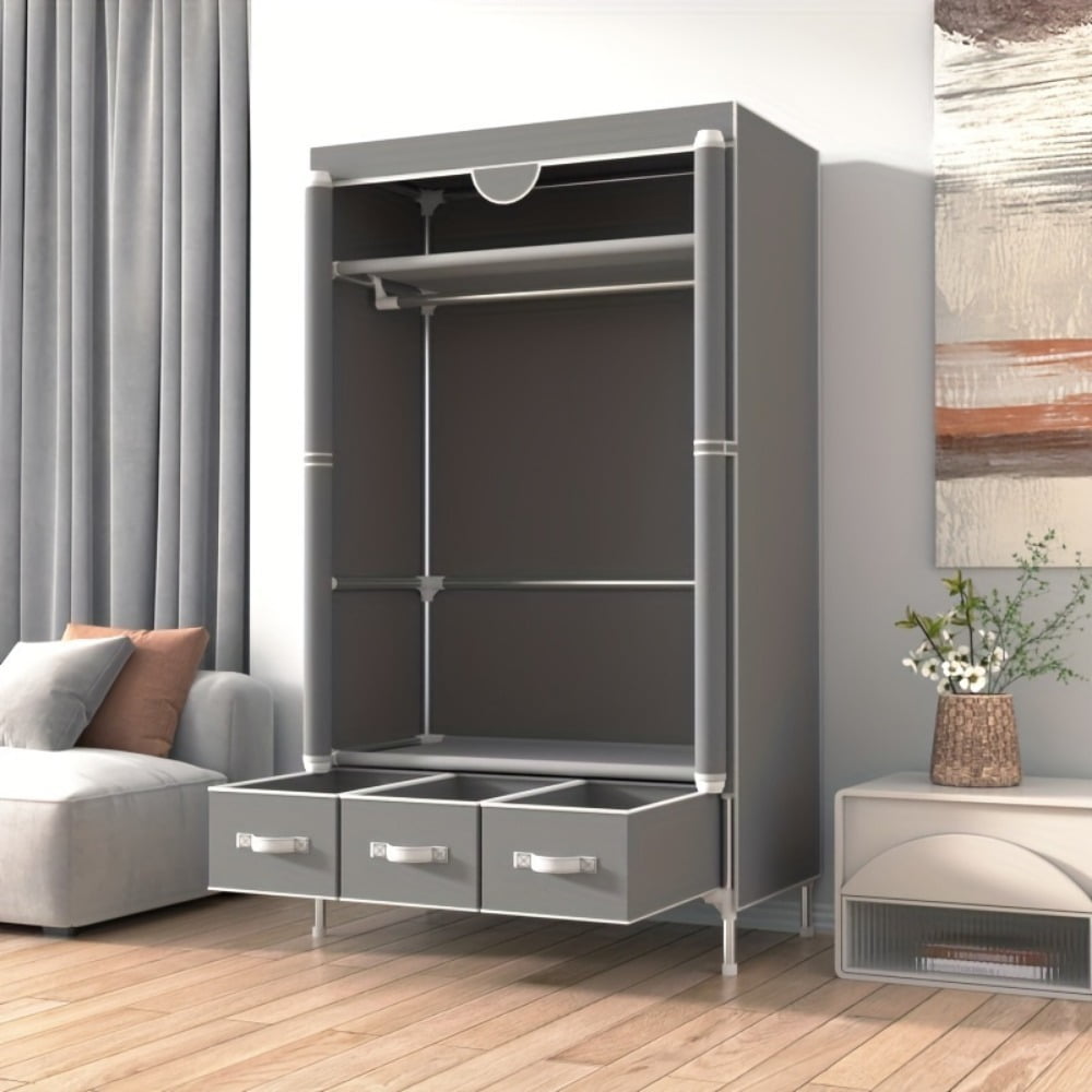 Portable Closet with Rolling Door, 5-in-1 Wardrobe with Hanging Rack and 3 Drawers, No-Tool Assembly Fabric Storage Cabinet, 35.4" W x 17.7" D x 67" H, Gray