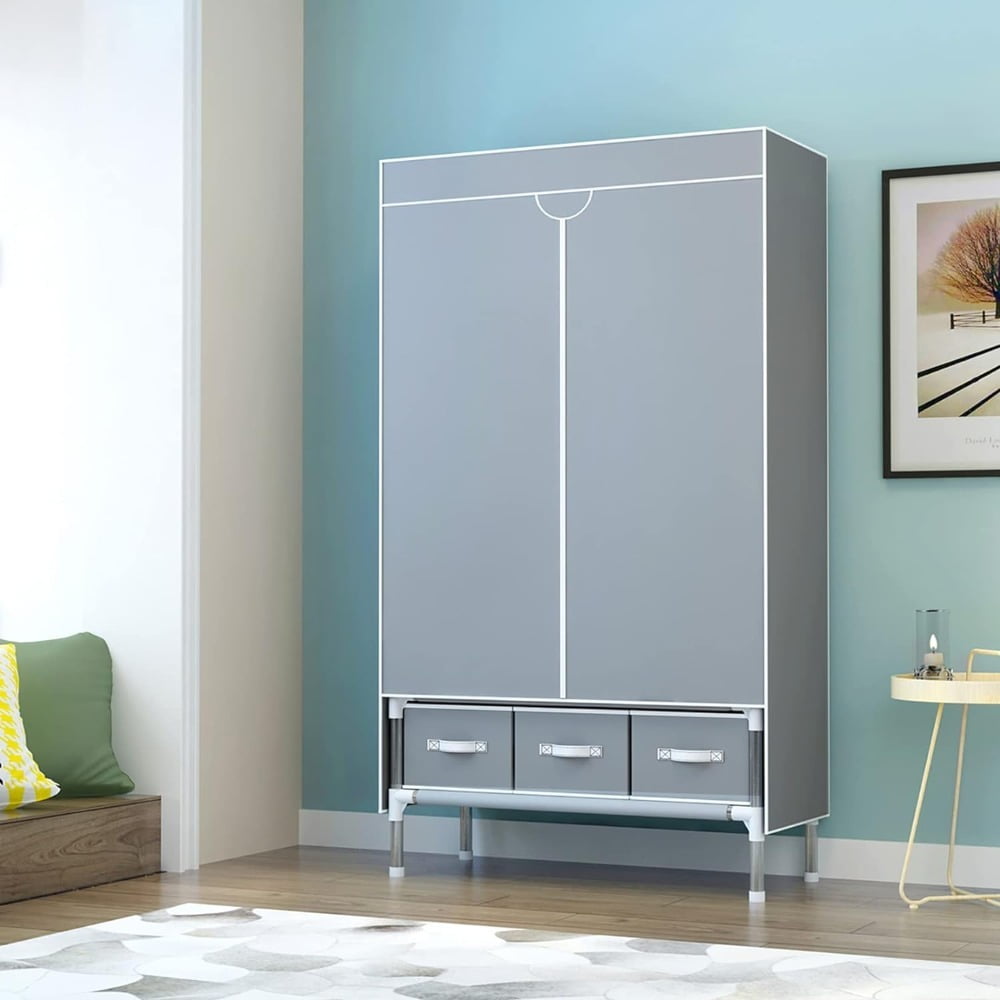 Portable Closet with Rolling Door, 5-in-1 Wardrobe with Hanging Rack and 3 Drawers, No-Tool Assembly Fabric Storage Cabinet, 35.4" W x 17.7" D x 67" H, Gray
