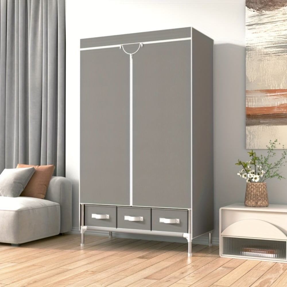 Portable Closet with Rolling Door, 5-in-1 Wardrobe with Hanging Rack and 3 Drawers, No-Tool Assembly Fabric Storage Cabinet, 35.4" W x 17.7" D x 67" H, Gray