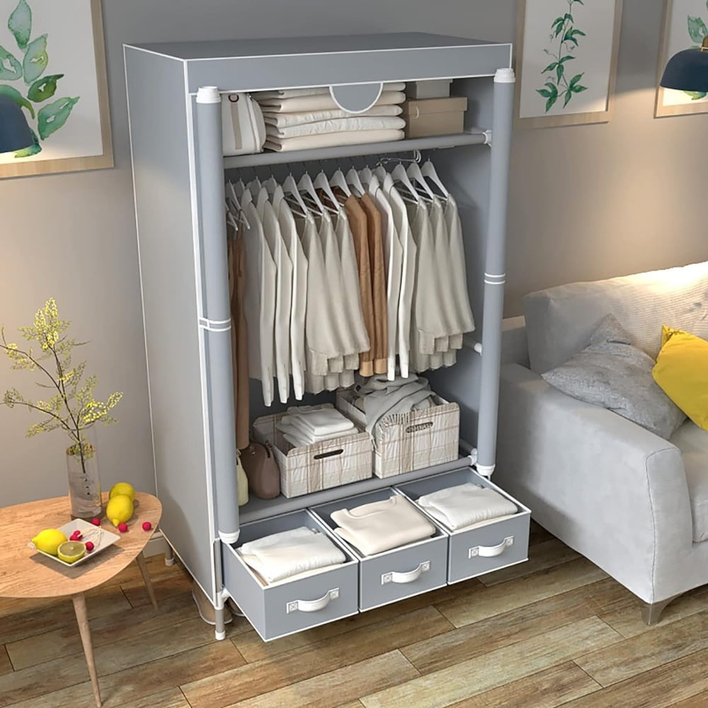 Portable Closet with Rolling Door, 5-in-1 Wardrobe with Hanging Rack and 3 Drawers, No-Tool Assembly Fabric Storage Cabinet, 35.4" W x 17.7" D x 67" H, Gray