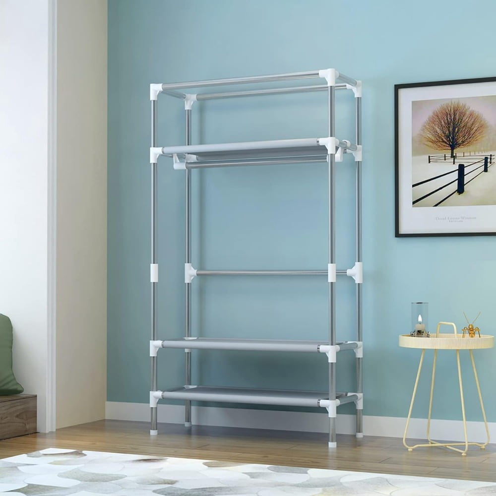 Portable Closet with Rolling Door, 5-in-1 Wardrobe with Hanging Rack and 3 Drawers, No-Tool Assembly Fabric Storage Cabinet, 35.4" W x 17.7" D x 67" H, Gray