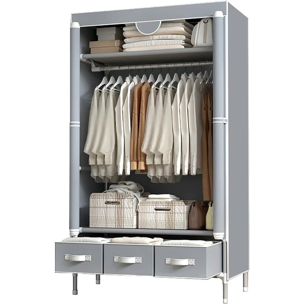 Portable Closet with Rolling Door, 5-in-1 Wardrobe with Hanging Rack and 3 Drawers, No-Tool Assembly Fabric Storage Cabinet, 35.4" W x 17.7" D x 67" H, Gray