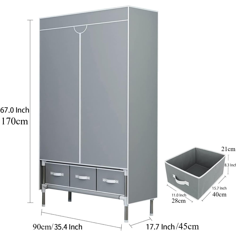 Portable Closet with Rolling Door, 5-in-1 Wardrobe with Hanging Rack and 3 Drawers, No-Tool Assembly Fabric Storage Cabinet, 35.4" W x 17.7" D x 67" H, Gray