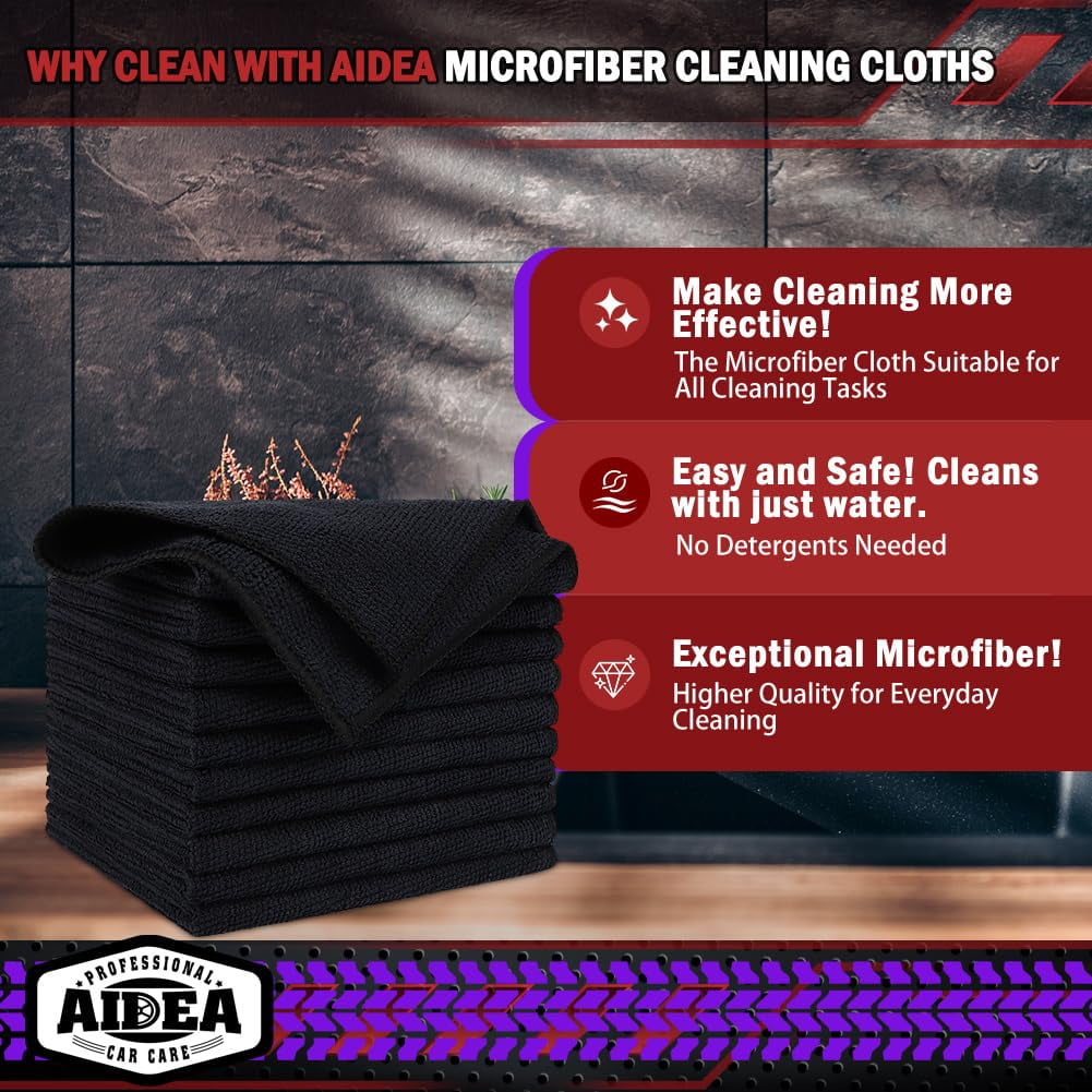 Microfiber Cleaning Cloth Black 10PK, Microfiber Towels For Cars, Premium Wash Cloths, Dusting Cloth Lint Free Cleaning Rags For SUVs, House, Kitchen, Window, Cleaning Supplies12×12"