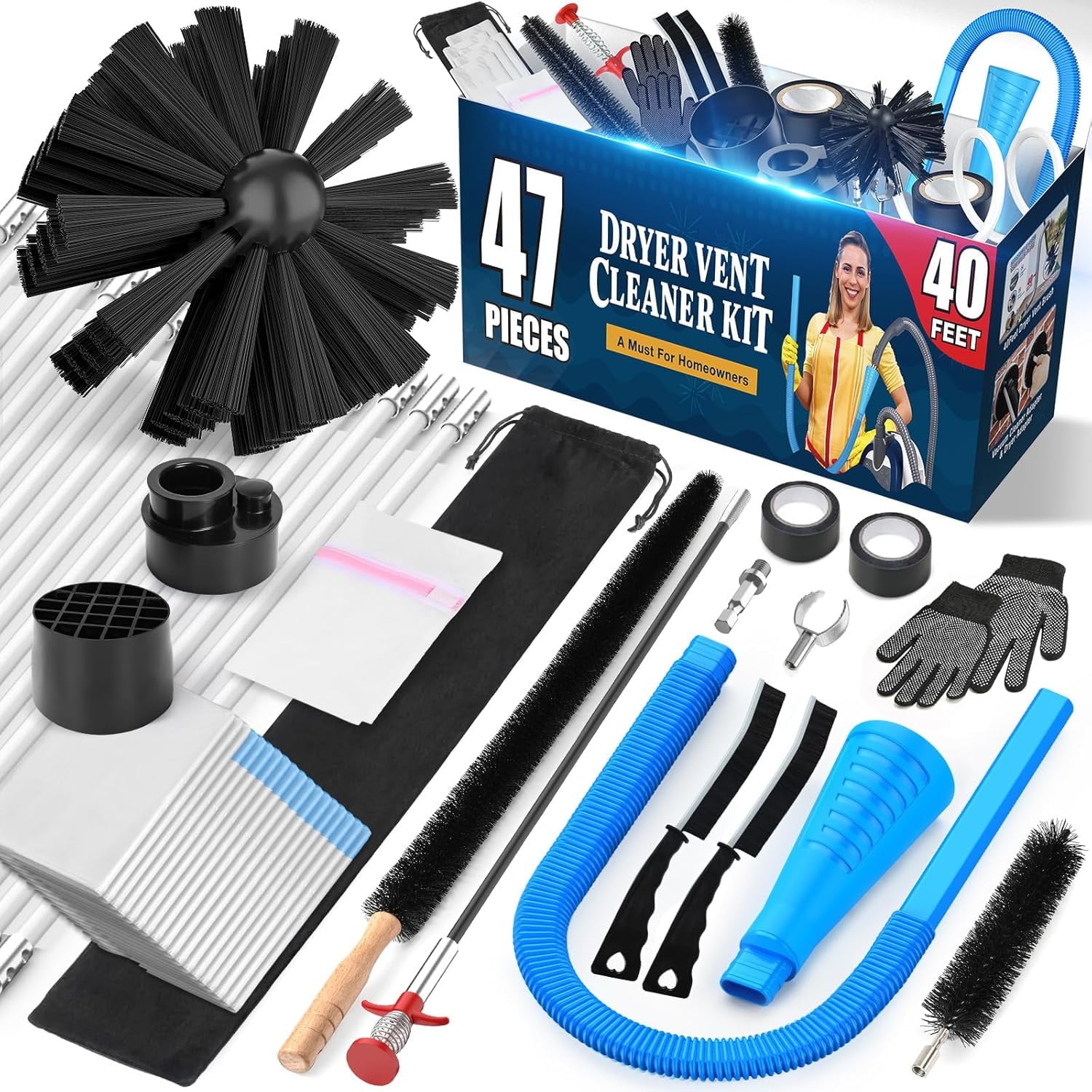 WarmHaven 47-Pieces 40-Feet Dryer Vent Cleaner Kit, Dryer Cleaning Tools, Include Omnidirectional Blue Dryer Lint Vacuum Attachment, Dryer Vent Brush, Universal Vacuum &amp; Dryer Adapters