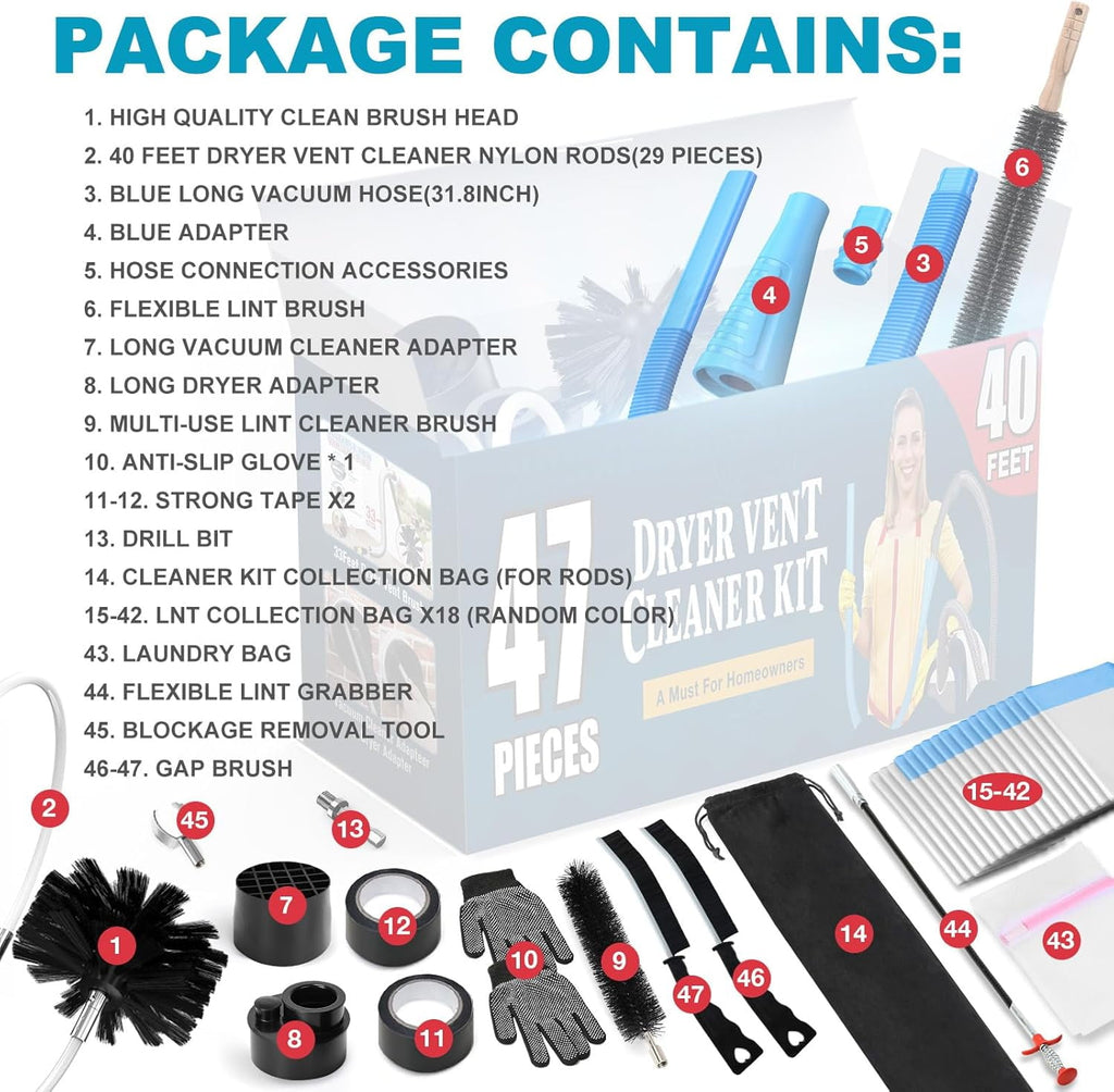 WarmHaven 47-Pieces 40-Feet Dryer Vent Cleaner Kit, Dryer Cleaning Tools, Include Omnidirectional Blue Dryer Lint Vacuum Attachment, Dryer Vent Brush, Universal Vacuum &amp; Dryer Adapters