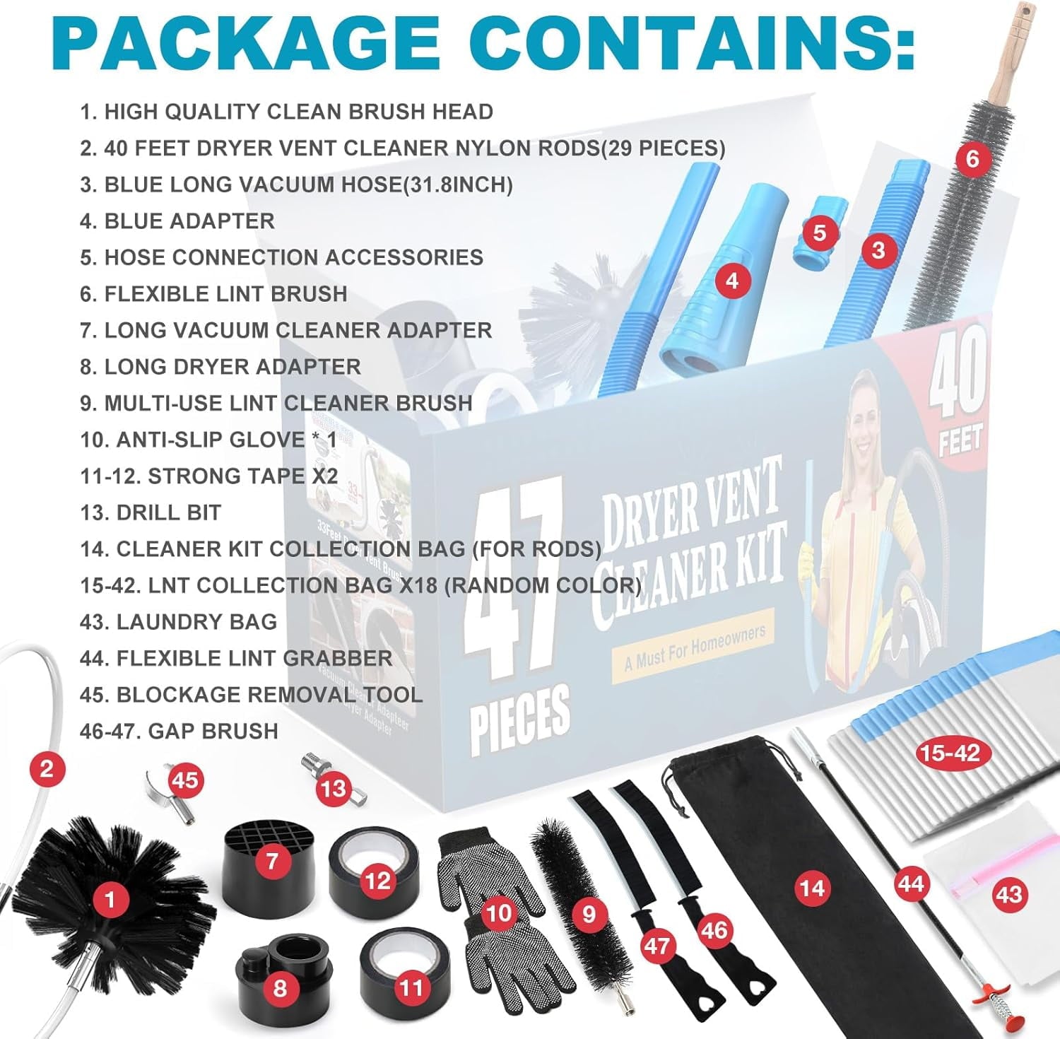 WarmHaven 47-Pieces 40-Feet Dryer Vent Cleaner Kit, Dryer Cleaning Tools, Include Omnidirectional Blue Dryer Lint Vacuum Attachment, Dryer Vent Brush, Universal Vacuum &amp; Dryer Adapters
