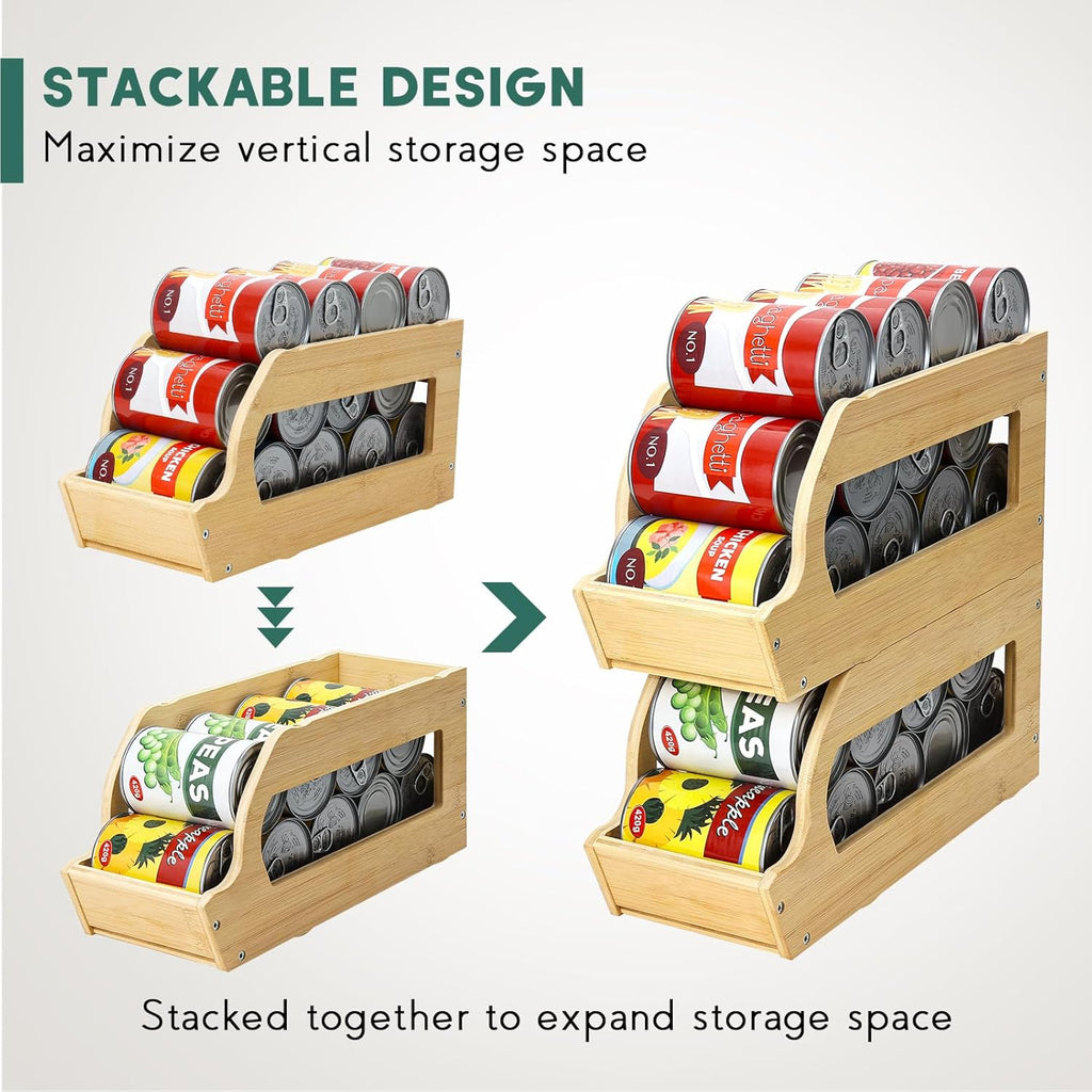 Bamboo Can Organizer for Pantry, 3 Tier Stackable Can Storage Organizer Pantry with Label Sticker and Marker Pen, Can Holders for Cabinet and Can Rack Organizer (Natural Bamboo)