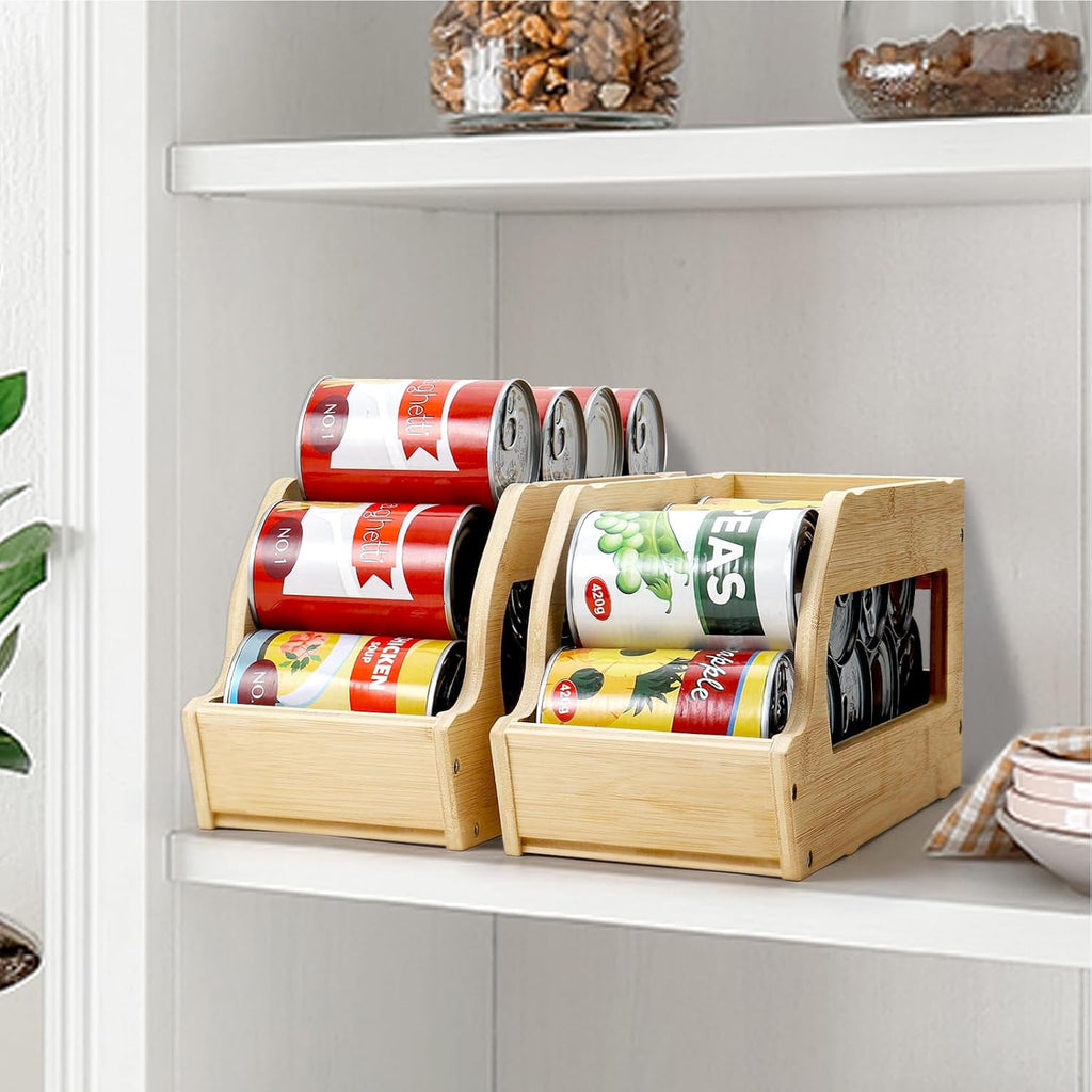 Bamboo Can Organizer for Pantry, 3 Tier Stackable Can Storage Organizer Pantry with Label Sticker and Marker Pen, Can Holders for Cabinet and Can Rack Organizer (Natural Bamboo)