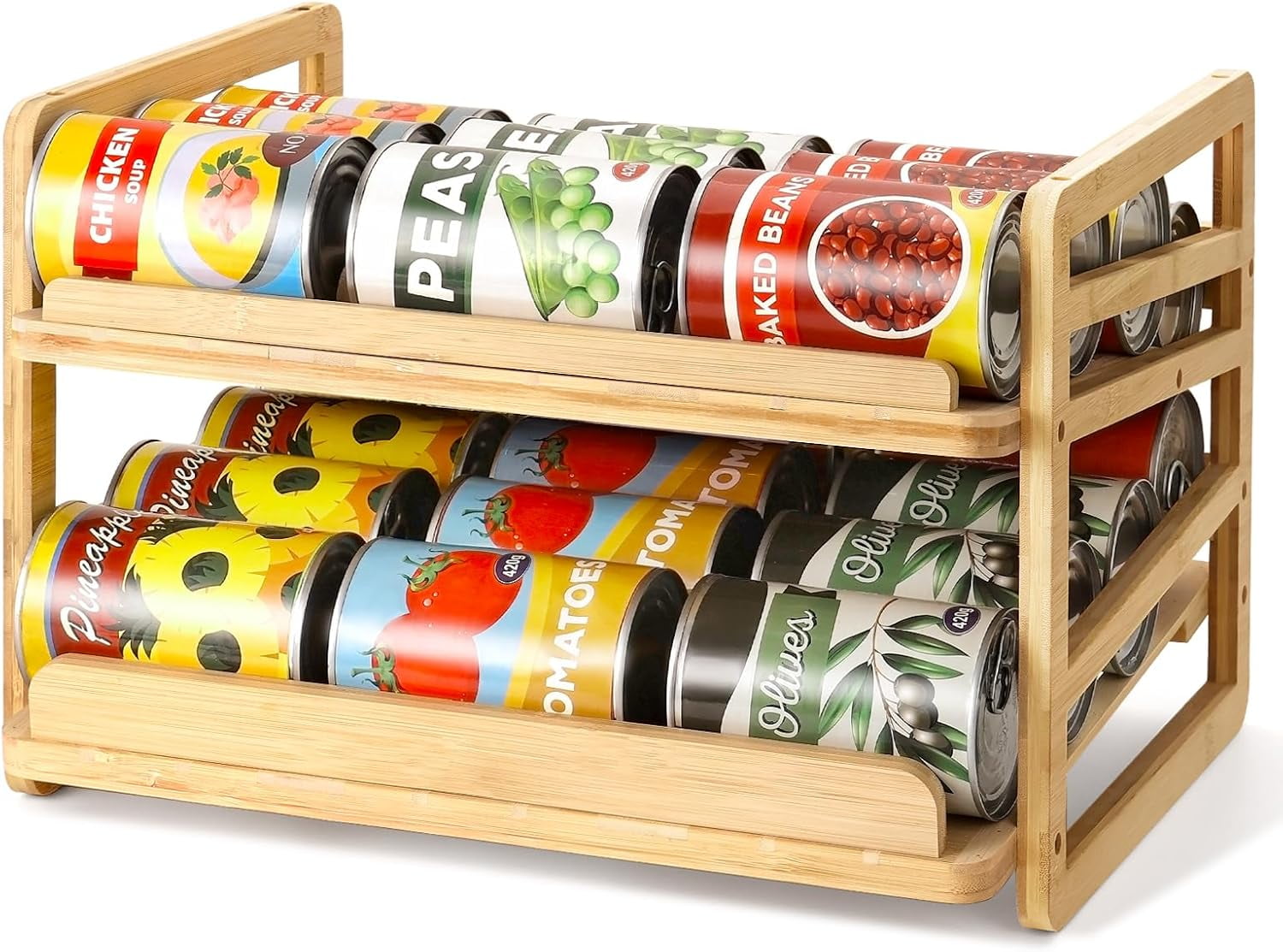 Bamboo Can Organizer for Pantry, 3 Tier Stackable Can Storage Organizer Pantry with Label Sticker and Marker Pen, Can Holders for Cabinet and Can Rack Organizer (Natural Bamboo)