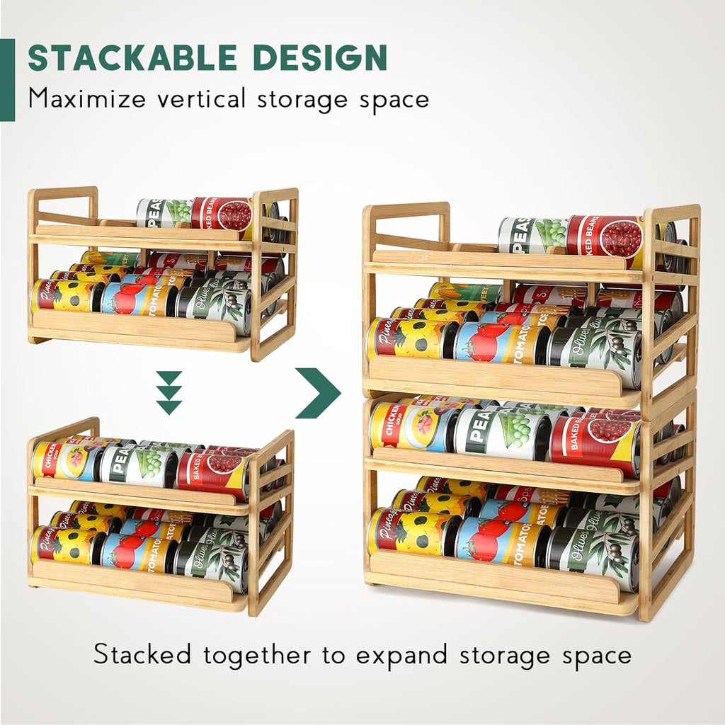 Bamboo Can Organizer for Pantry, 3 Tier Stackable Can Storage Organizer Pantry with Label Sticker and Marker Pen, Can Holders for Cabinet and Can Rack Organizer (Natural Bamboo)
