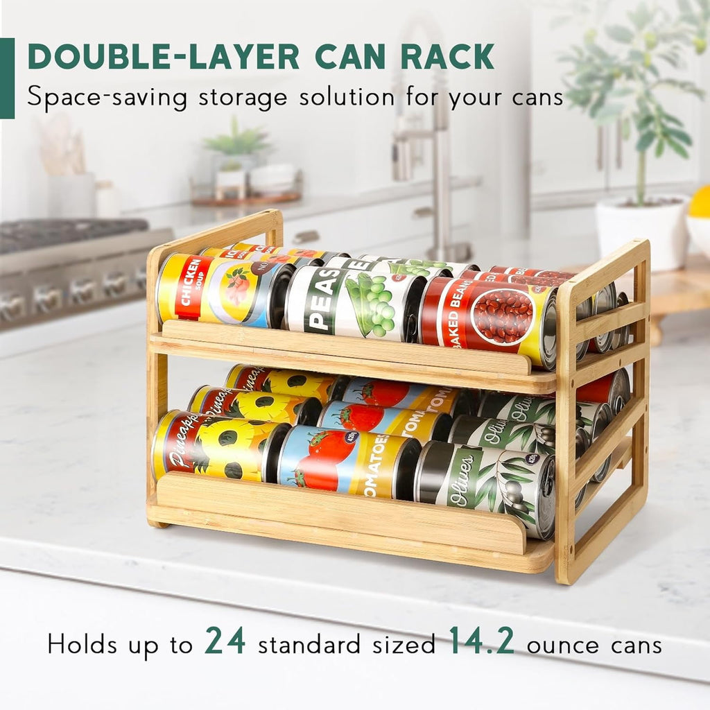 Bamboo Can Organizer for Pantry, 3 Tier Stackable Can Storage Organizer Pantry with Label Sticker and Marker Pen, Can Holders for Cabinet and Can Rack Organizer (Natural Bamboo)