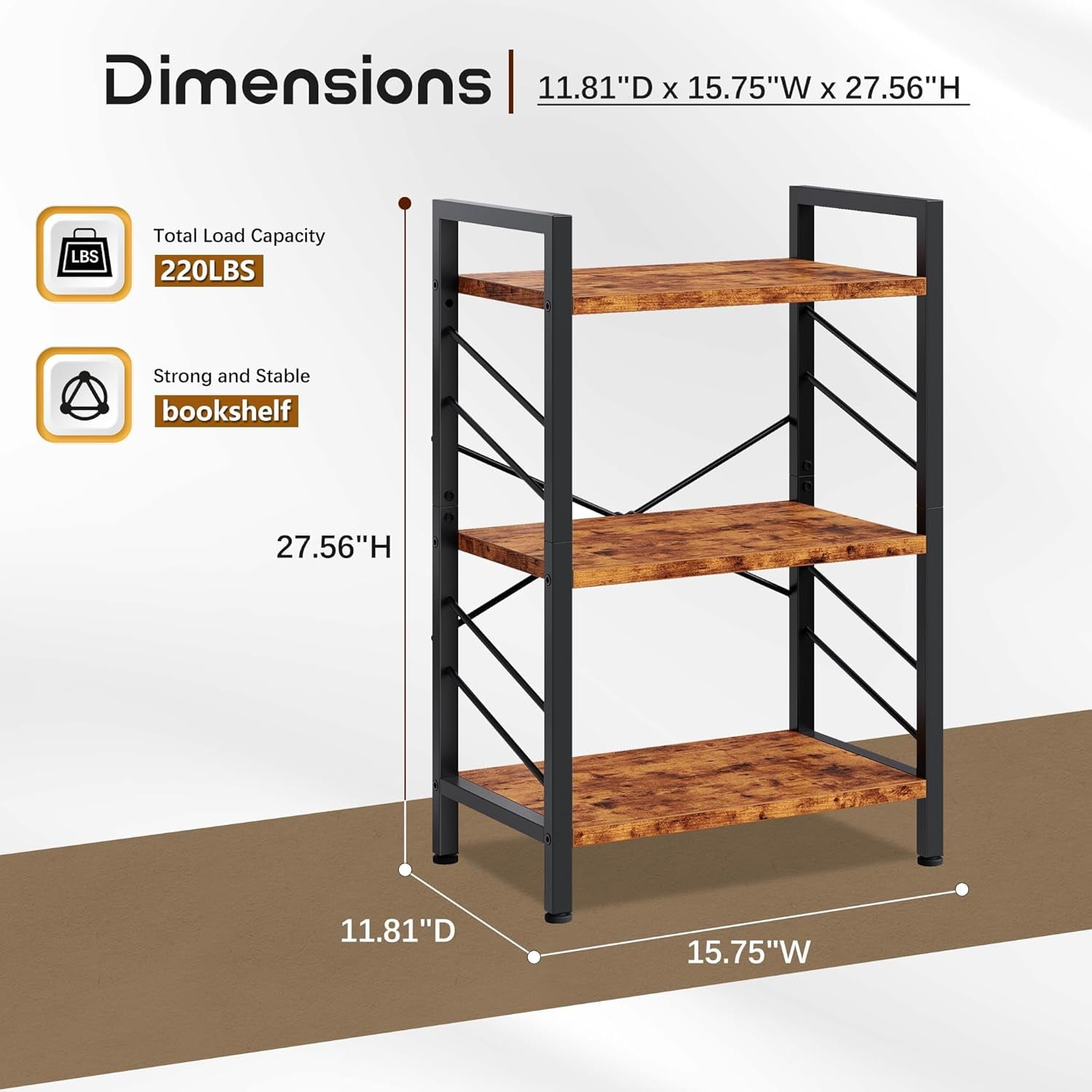 Book Shelf, Industrial 3 Tier Small Bookshelf, Bookcase with Metal Frame and Sidebars, Storage Shelves for Bedroom, Home Office and Living Room, Brown