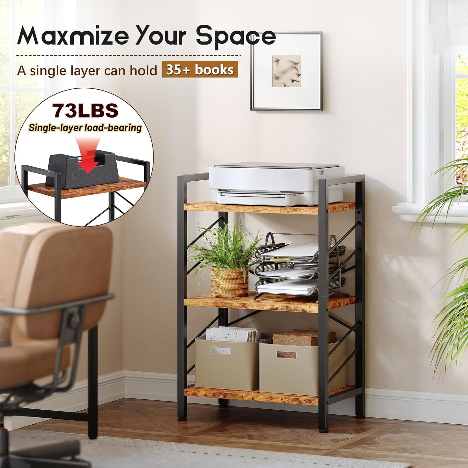 Book Shelf, Industrial 3 Tier Small Bookshelf, Bookcase with Metal Frame and Sidebars, Storage Shelves for Bedroom, Home Office and Living Room, Brown