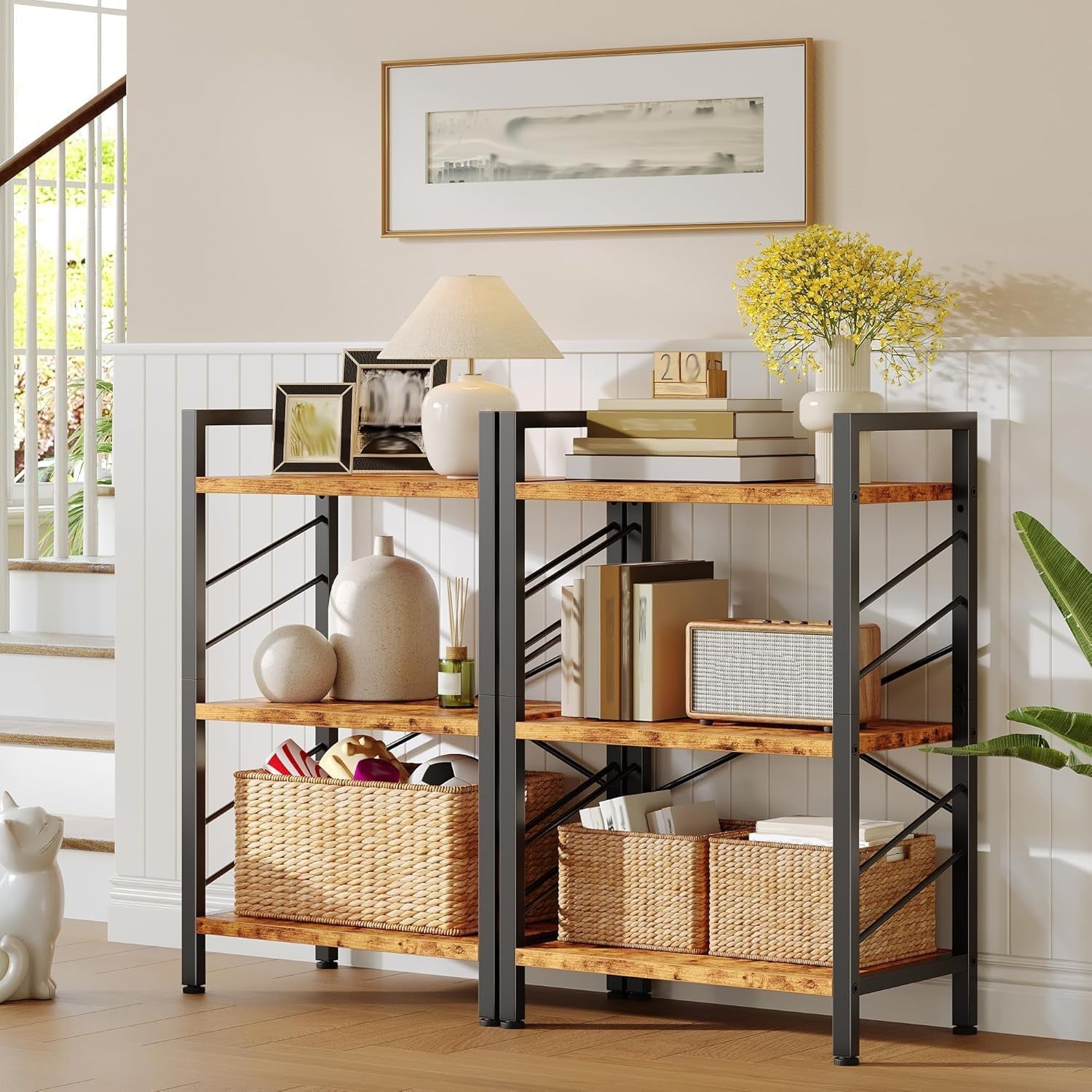 Book Shelf, Industrial 3 Tier Small Bookshelf, Bookcase with Metal Frame and Sidebars, Storage Shelves for Bedroom, Home Office and Living Room, Brown