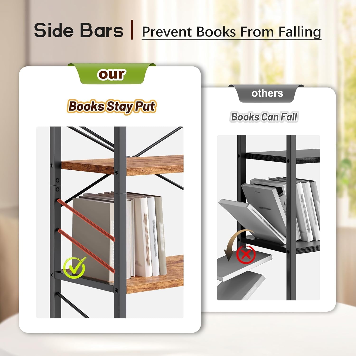 Book Shelf, Industrial 3 Tier Small Bookshelf, Bookcase with Metal Frame and Sidebars, Storage Shelves for Bedroom, Home Office and Living Room, Brown