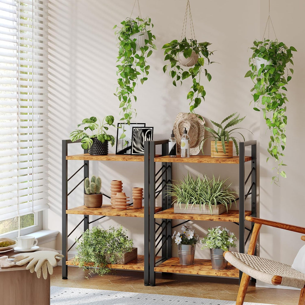 Book Shelf, Industrial 3 Tier Small Bookshelf, Bookcase with Metal Frame and Sidebars, Storage Shelves for Bedroom, Home Office and Living Room, Brown