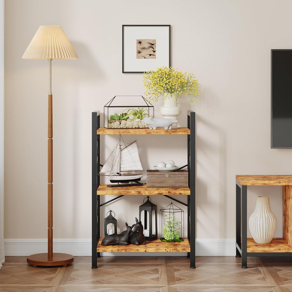 Book Shelf, Industrial 3 Tier Small Bookshelf, Bookcase with Metal Frame and Sidebars, Storage Shelves for Bedroom, Home Office and Living Room, Brown
