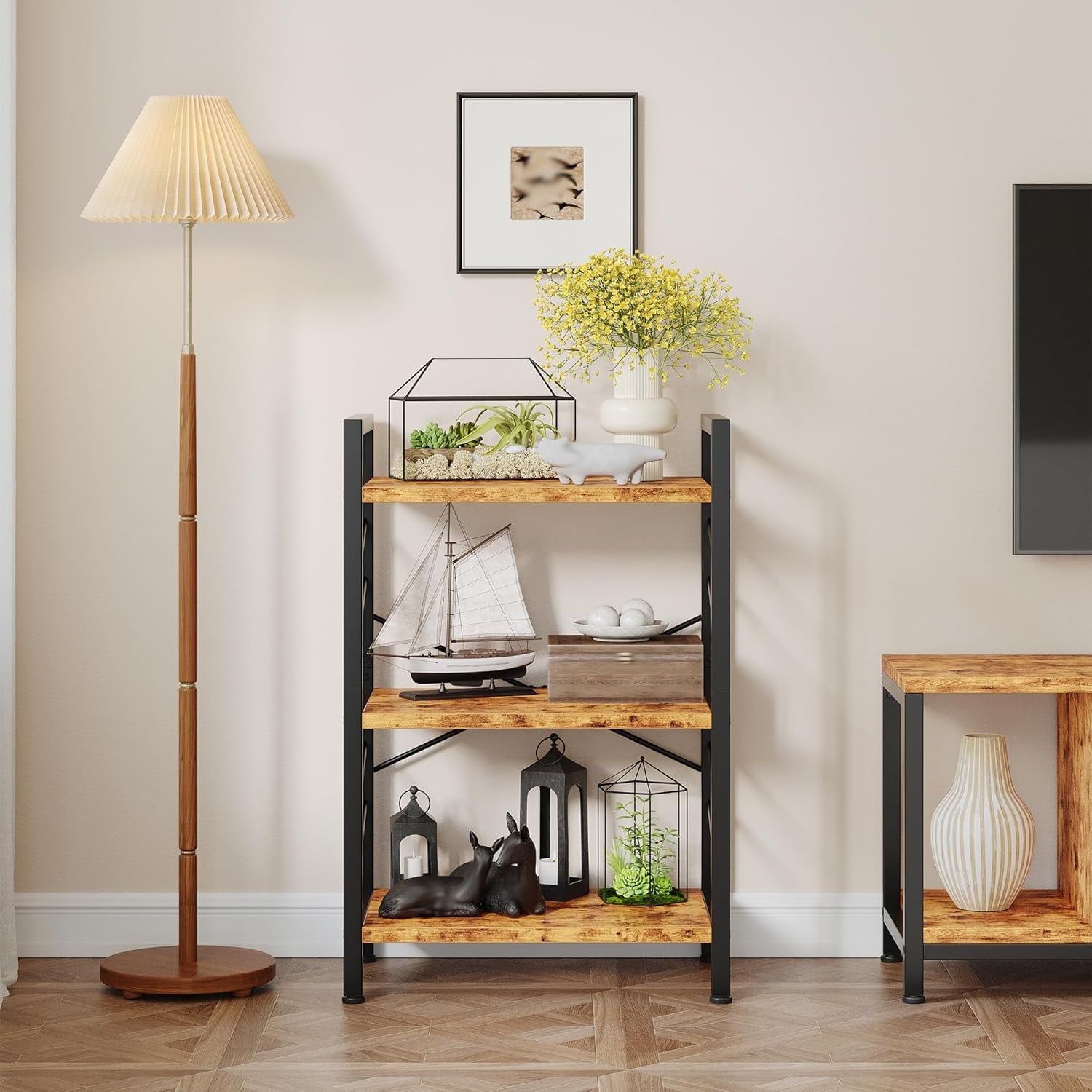 Book Shelf, Industrial 3 Tier Small Bookshelf, Bookcase with Metal Frame and Sidebars, Storage Shelves for Bedroom, Home Office and Living Room, Brown