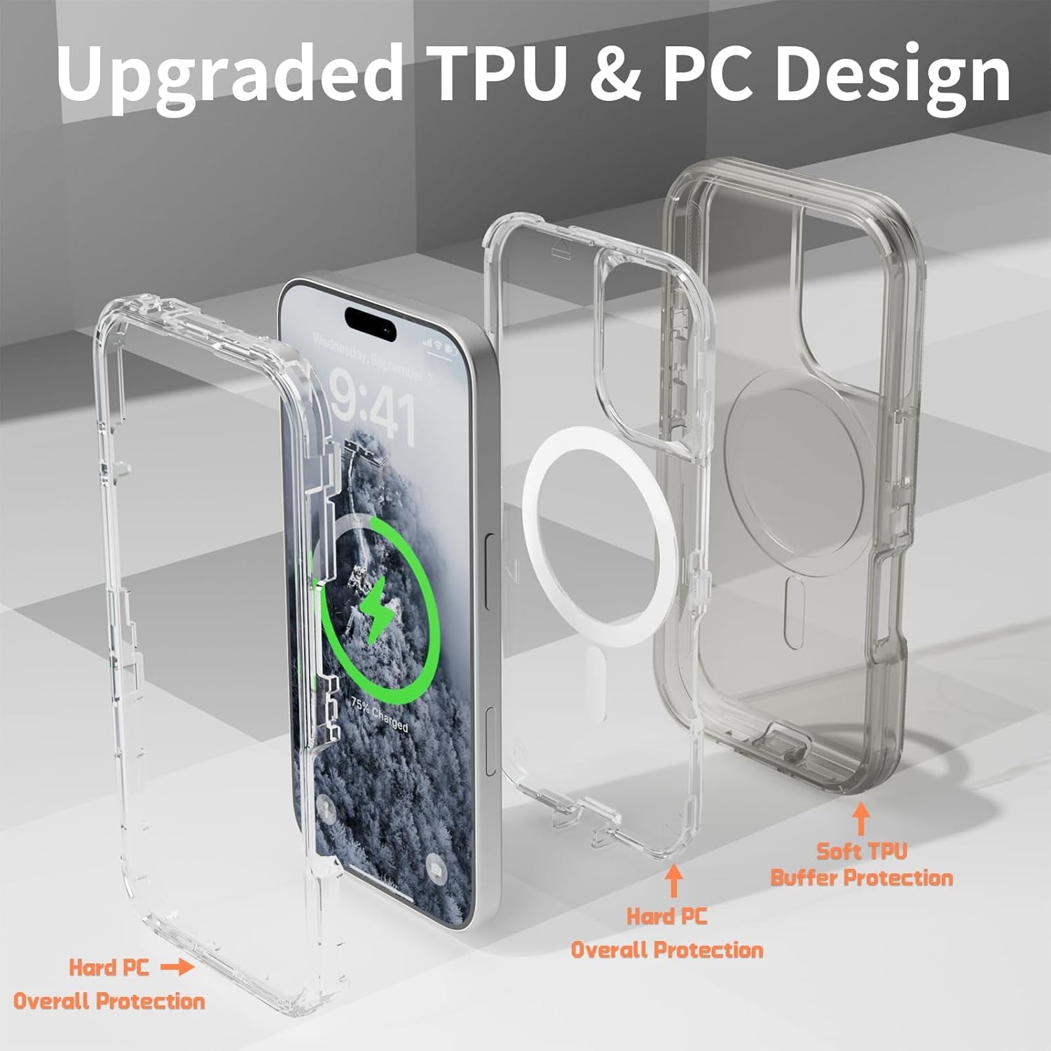 For iPhone 16 Transparent Phone Case Compatible with MagSafe, Triple Layer Magnetic Charging Case, iPhone 16 Heavy Duty Shockproof and Drop-Proof Phone Case, 6.1 inch