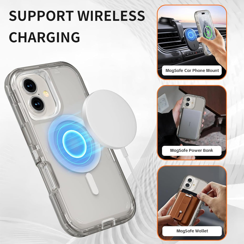 For iPhone 16 Transparent Phone Case Compatible with MagSafe, Triple Layer Magnetic Charging Case, iPhone 16 Heavy Duty Shockproof and Drop-Proof Phone Case, 6.1 inch