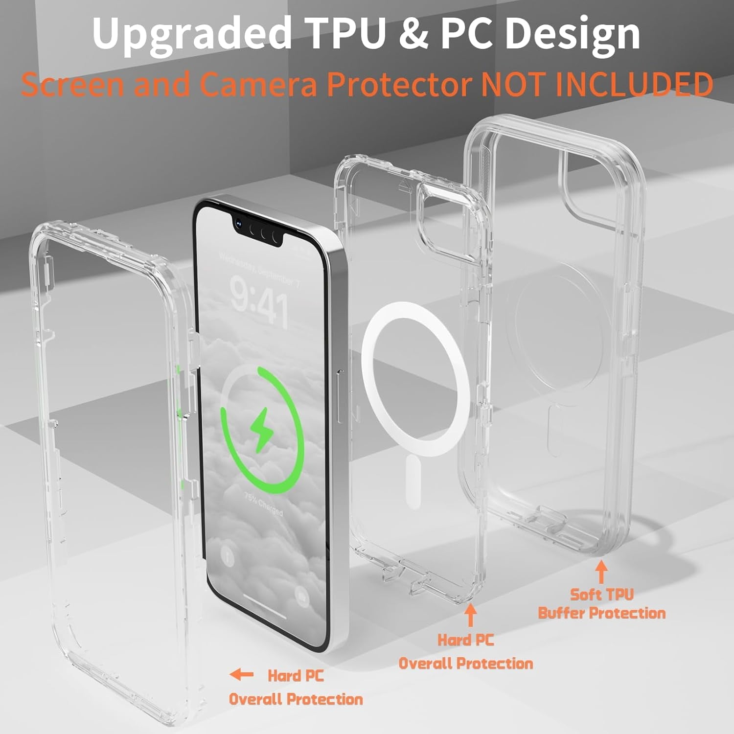For iPhone 16 Transparent Phone Case Compatible with MagSafe, Triple Layer Magnetic Charging Case, iPhone 16 Heavy Duty Shockproof and Drop-Proof Phone Case, 6.1 inch