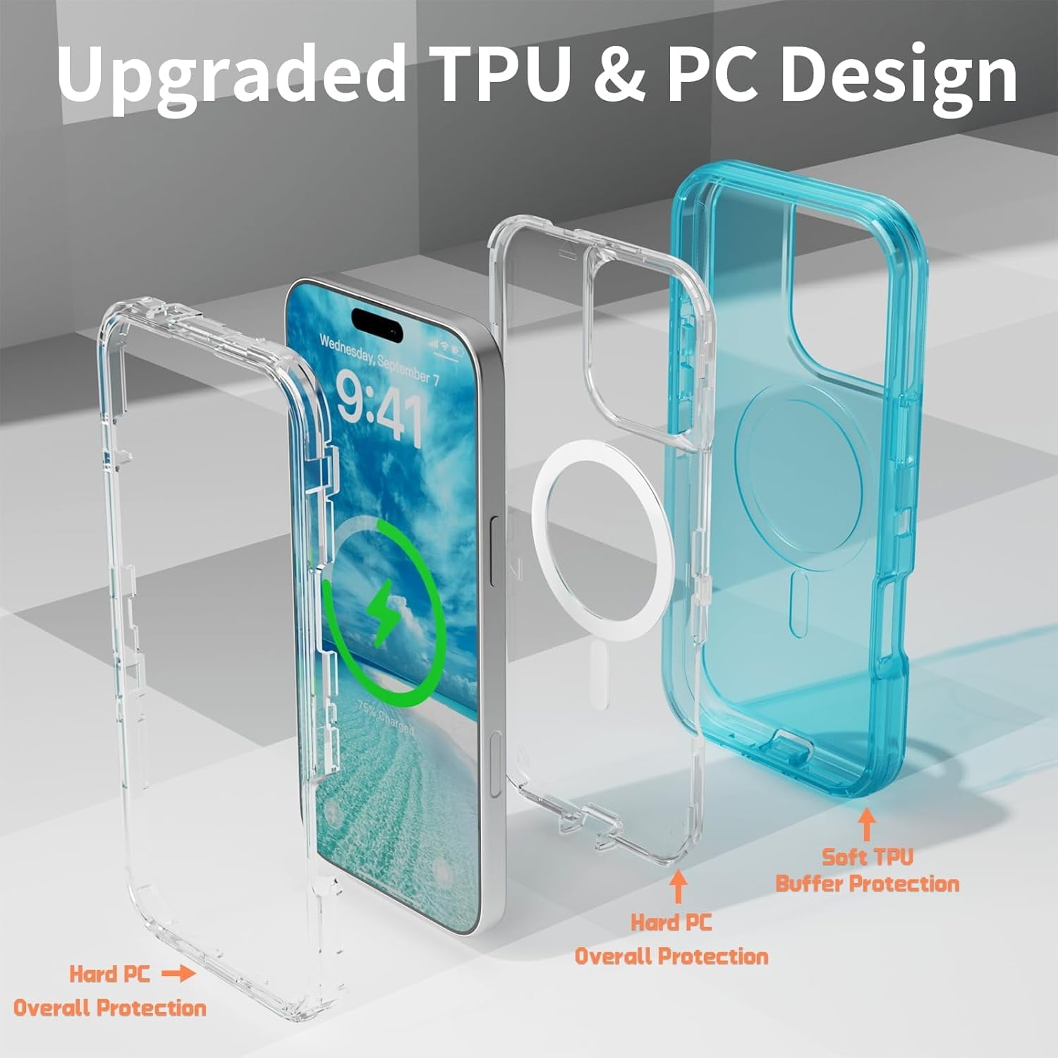 For iPhone 16 Transparent Phone Case Compatible with MagSafe, Triple Layer Magnetic Charging Case, iPhone 16 Heavy Duty Shockproof and Drop-Proof Phone Case, 6.1 inch
