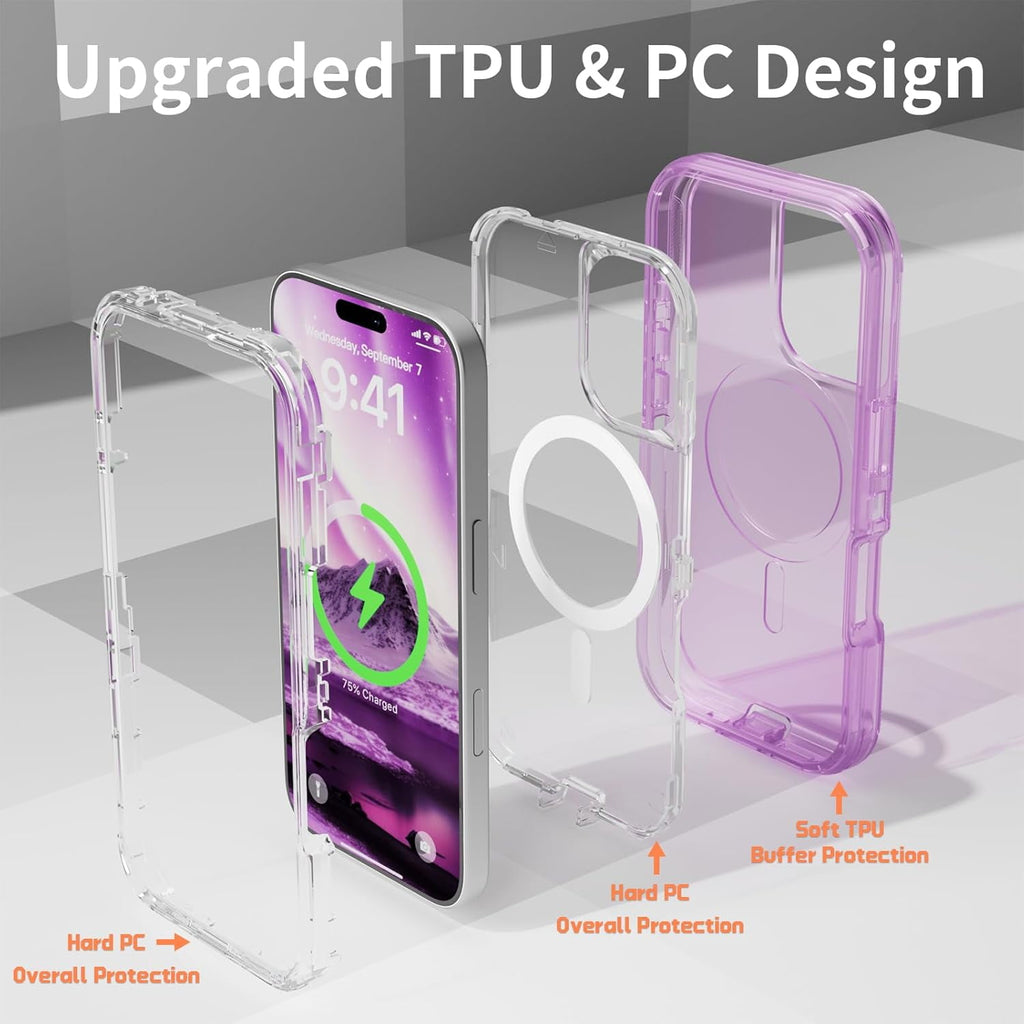 For iPhone 16 Transparent Phone Case Compatible with MagSafe, Triple Layer Magnetic Charging Case, iPhone 16 Heavy Duty Shockproof and Drop-Proof Phone Case, 6.1 inch