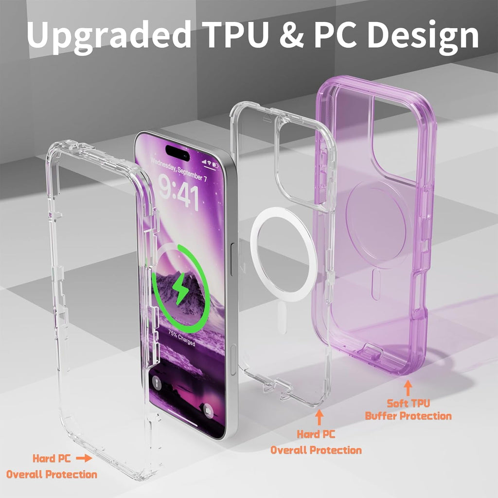 For iPhone 16 Transparent Phone Case Compatible with MagSafe, Triple Layer Magnetic Charging Case, iPhone 16 Heavy Duty Shockproof and Drop-Proof Phone Case, 6.1 inch