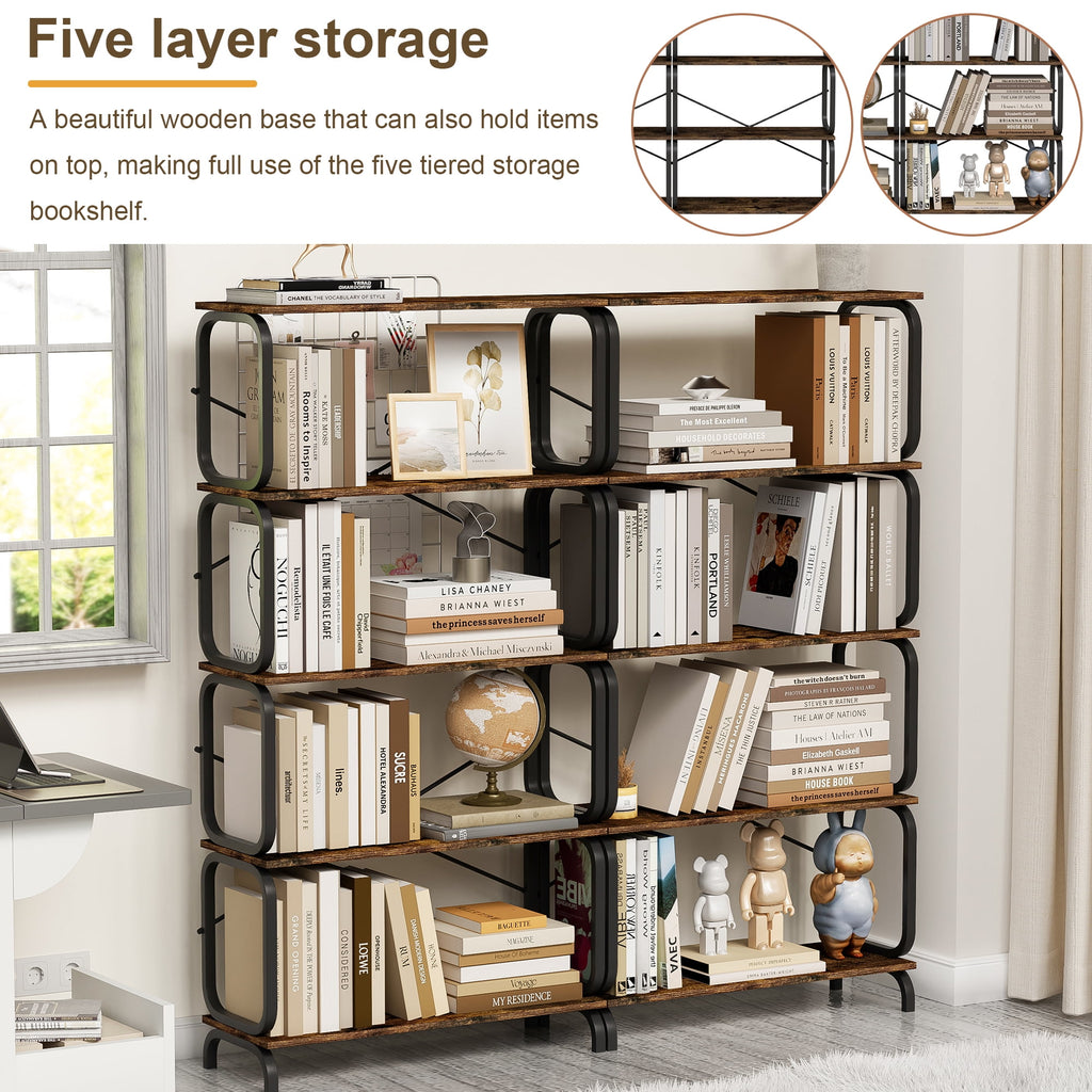5-Tier Industrial Bookshelf, Rustic Brown Tall Bookcase with Open Wood and Metal Design, Vintage Storage Organizer for Books, CDs, Movies, Multi-Purpose Shelf for Living Room, Bedroom, Home Office