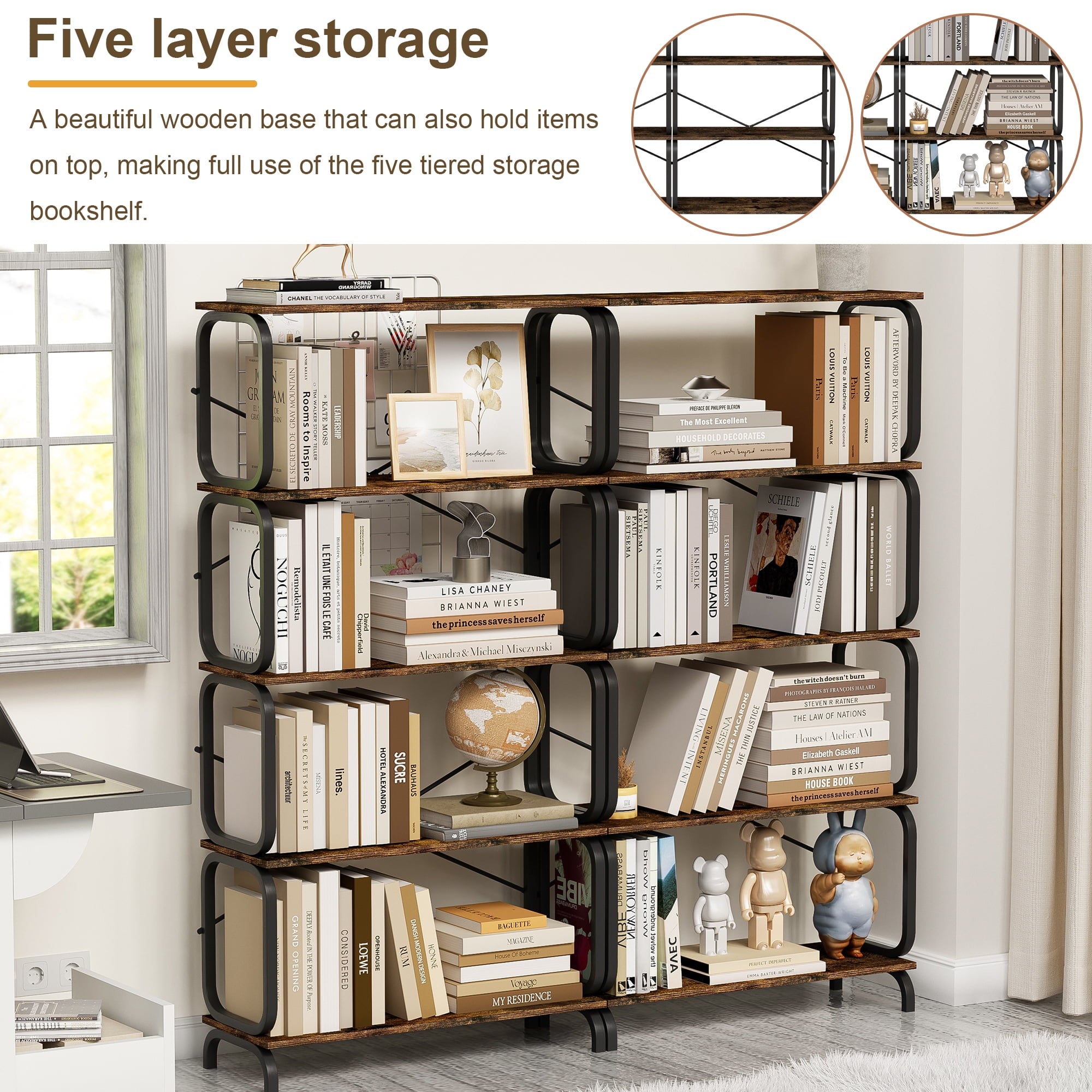 5-Tier Industrial Bookshelf, Rustic Brown Tall Bookcase with Open Wood and Metal Design, Vintage Storage Organizer for Books, CDs, Movies, Multi-Purpose Shelf for Living Room, Bedroom, Home Office
