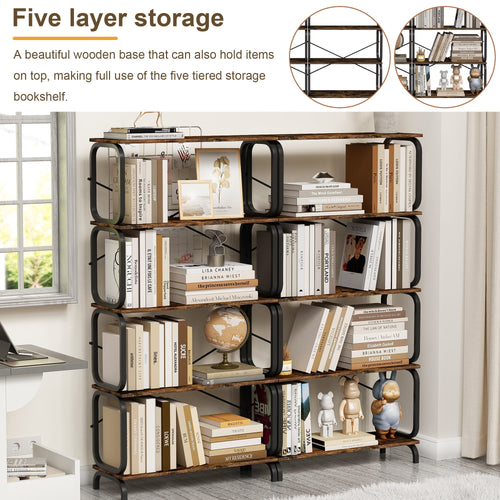5-Tier Industrial Bookshelf, Rustic Brown Tall Bookcase with Open Wood and Metal Design, Vintage Storage Organizer for Books, CDs, Movies, Multi-Purpose Shelf for Living Room, Bedroom, Home Office