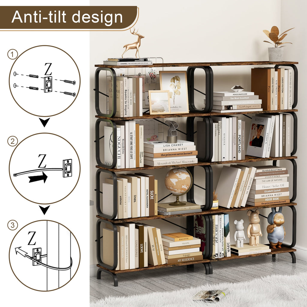 5-Tier Industrial Bookshelf, Rustic Brown Tall Bookcase with Open Wood and Metal Design, Vintage Storage Organizer for Books, CDs, Movies, Multi-Purpose Shelf for Living Room, Bedroom, Home Office