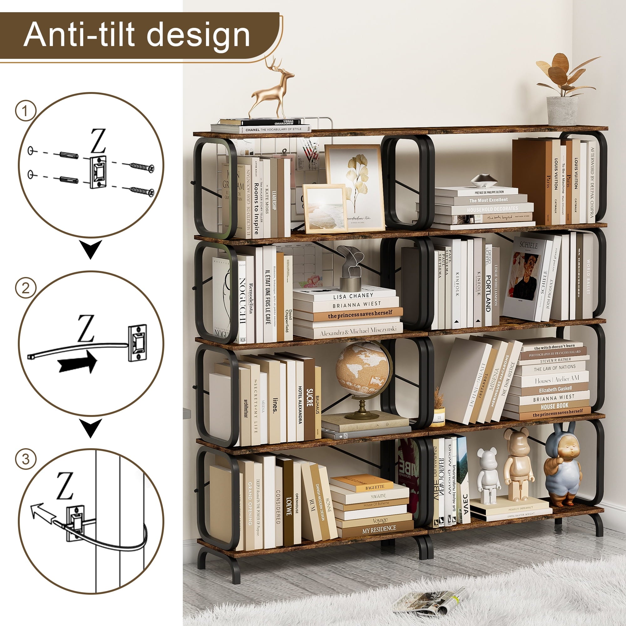 5-Tier Industrial Bookshelf, Rustic Brown Tall Bookcase with Open Wood and Metal Design, Vintage Storage Organizer for Books, CDs, Movies, Multi-Purpose Shelf for Living Room, Bedroom, Home Office