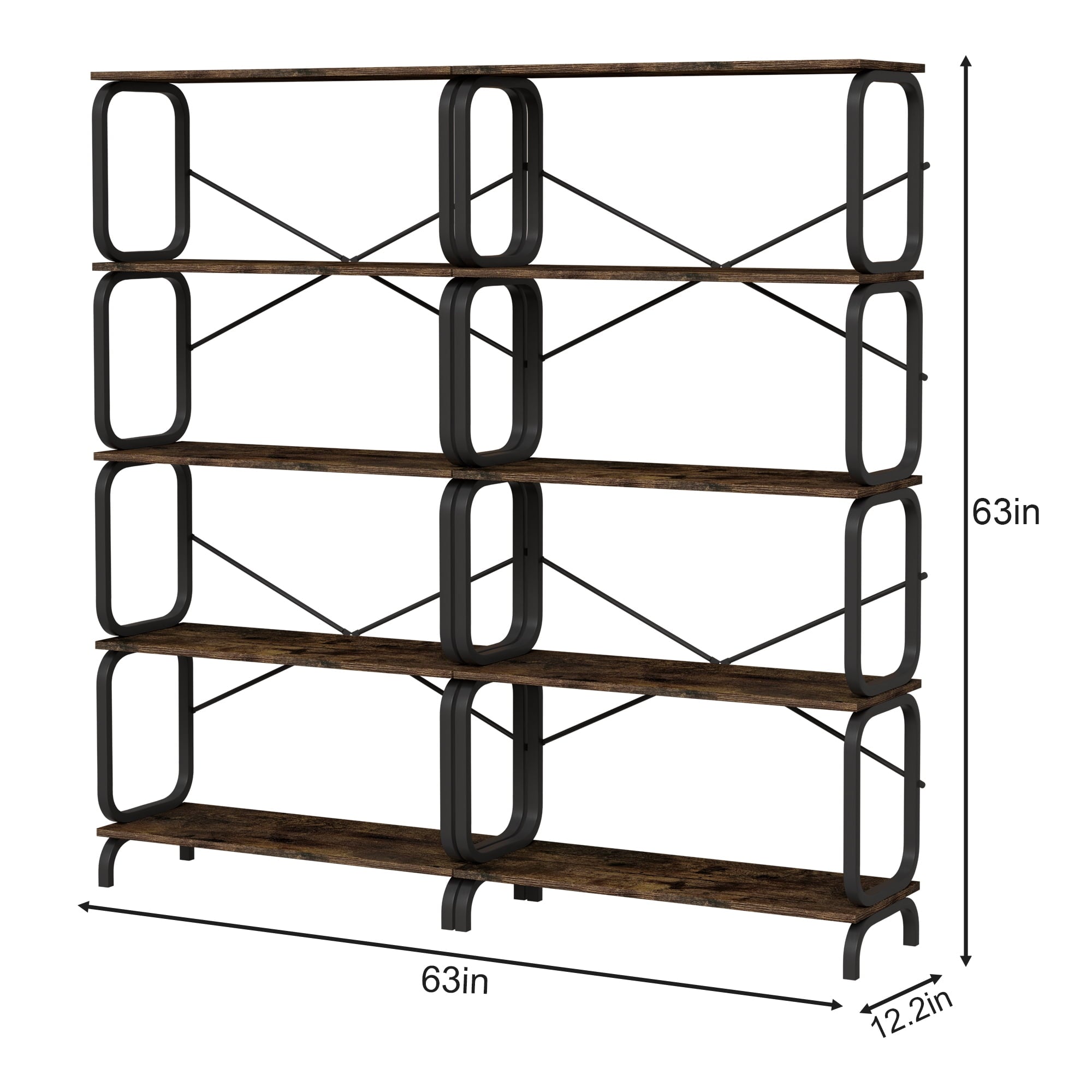 5-Tier Industrial Bookshelf, Rustic Brown Tall Bookcase with Open Wood and Metal Design, Vintage Storage Organizer for Books, CDs, Movies, Multi-Purpose Shelf for Living Room, Bedroom, Home Office